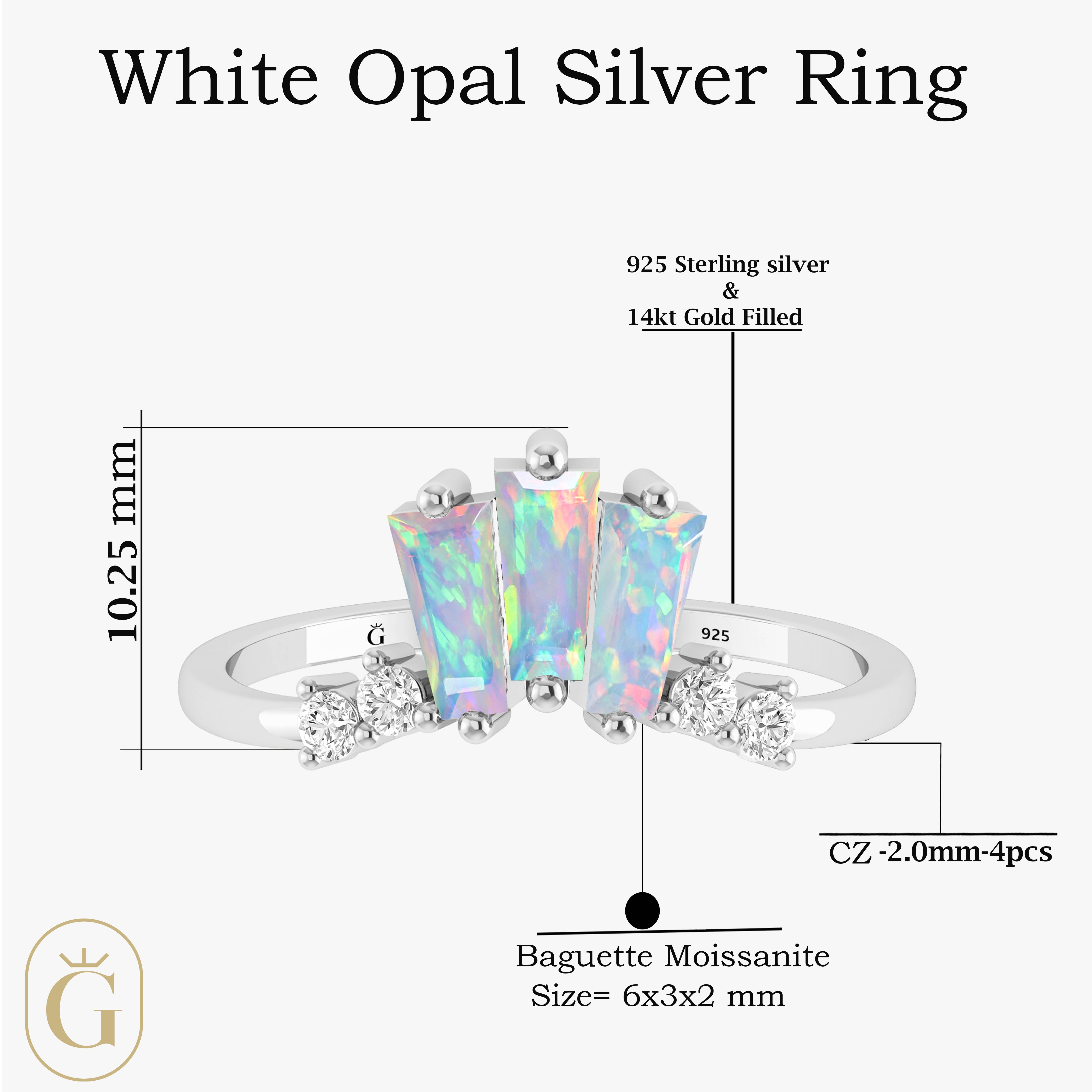 Elegant Baguette White Opal Ring with Cubic Zirconia - Perfect for Weddings, Anniversaries & Special Occasions