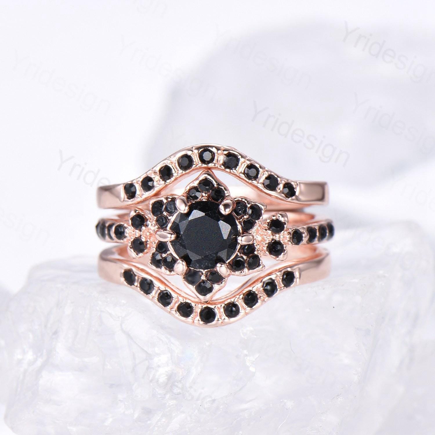 Floral Lotus Black Onyx Engagement Ring Set - 3 Piece Cluster Black Spinel Wedding Band - Unique Black Stone Anniversary Gift for Women - Perfect for Bridal, Proposal & Special Occasions