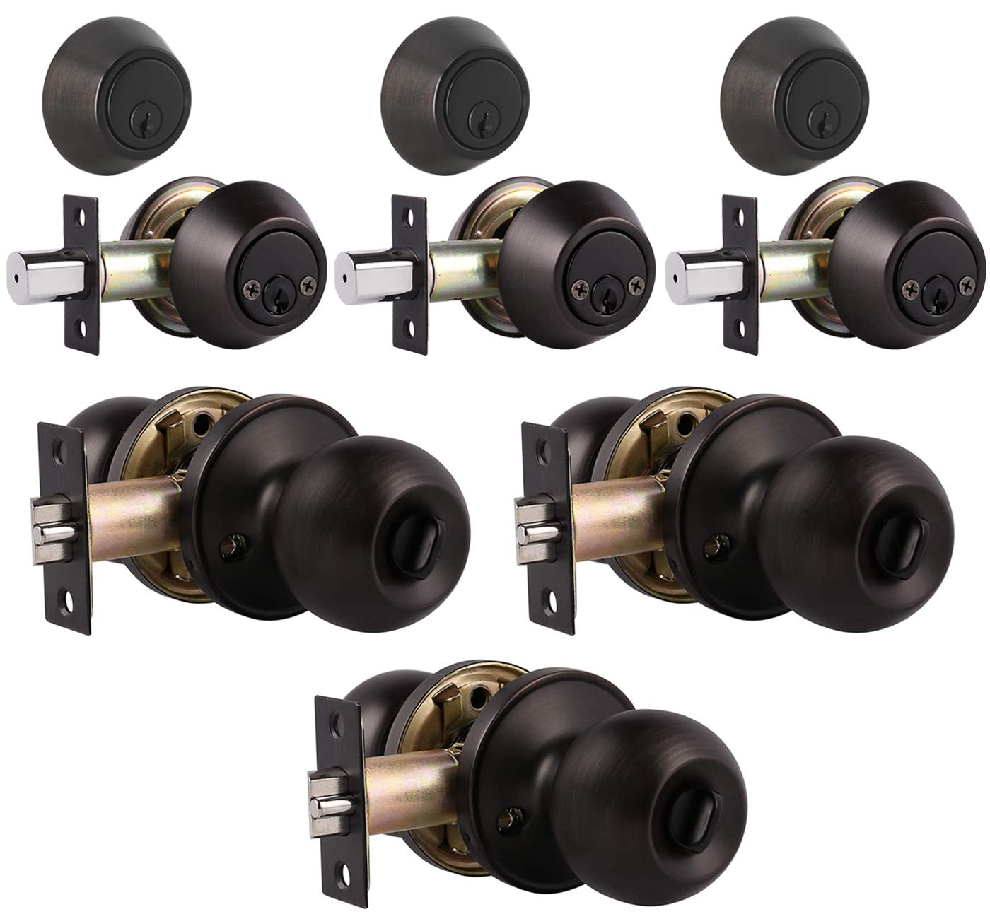3 Pack Oil Rubbed Bronze Door Lockset - Keyed Alike Deadbolt & Knob Set for Home Security