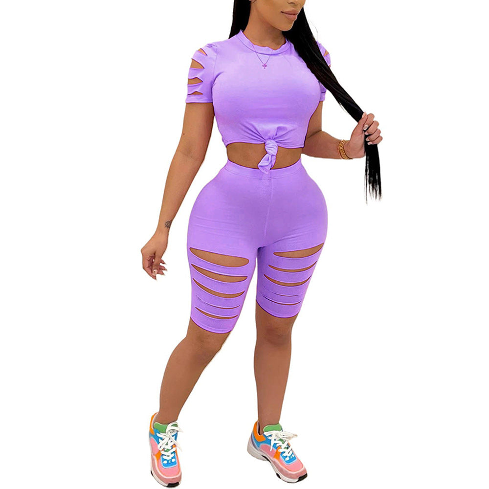 Trendy Casual Women's Sports Suit with Distressed Hole Design - Perfect for Gym, Yoga & Streetwear Fashion