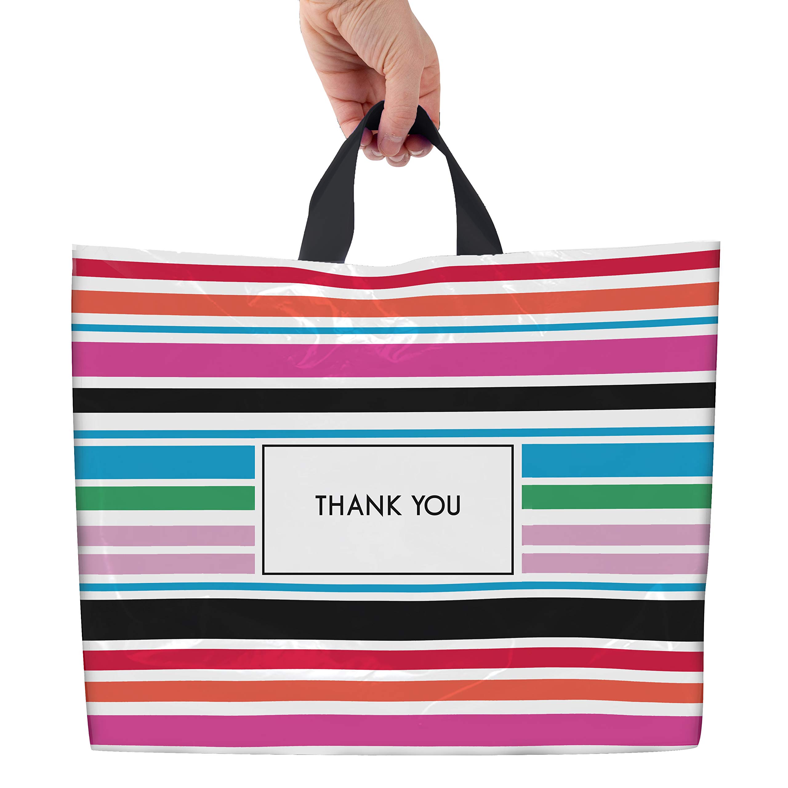 Purple Q Crafts Thank You Bags for Business - 50 Pack Striped Plastic Shopping Bags with Soft Loop Handle for Boutiques & Retail Stores | Perfect for Gift Packaging, Customer Appreciation & Brand Promotion