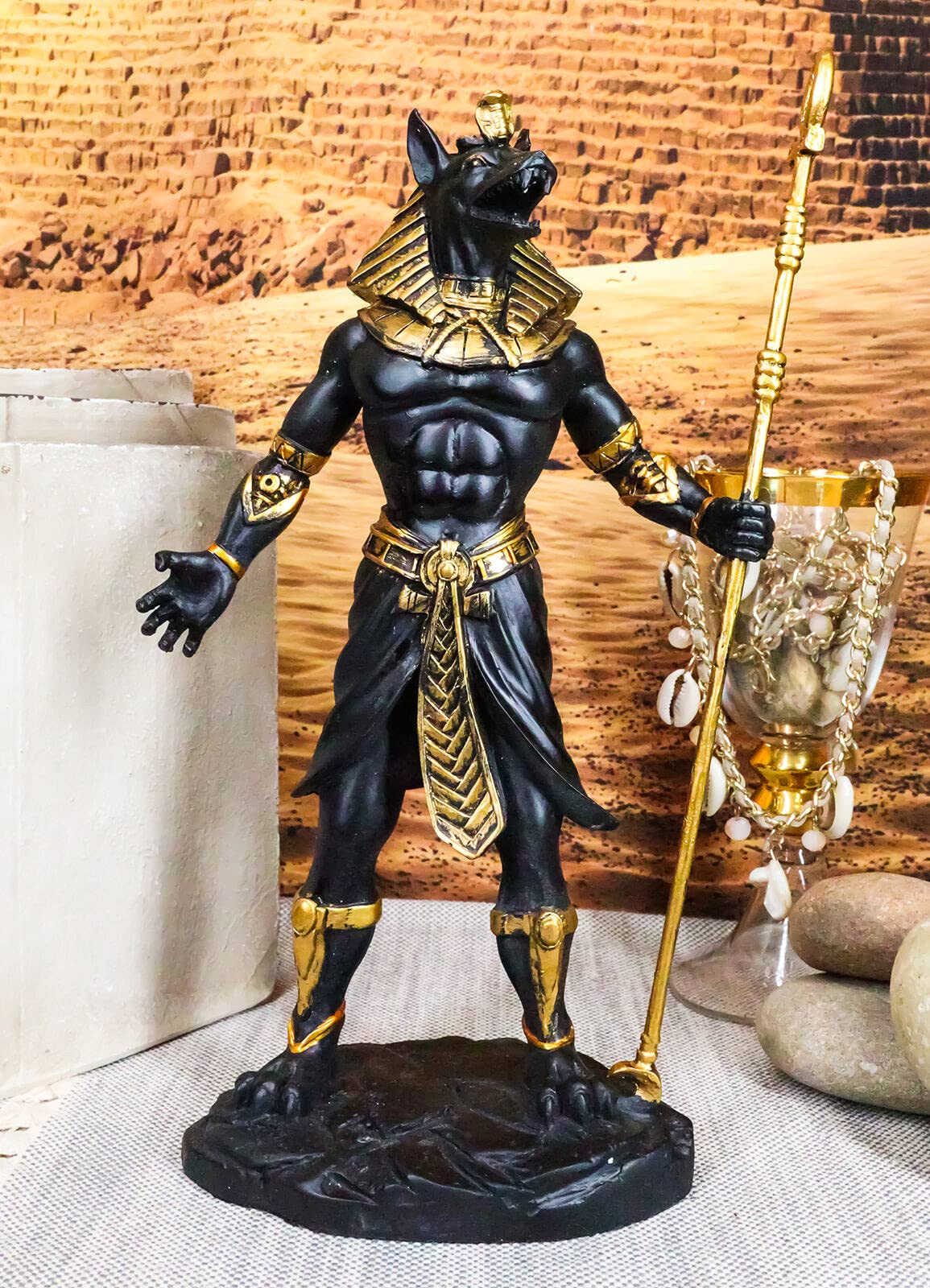 Anubis Statue - Egyptian God of Afterlife & Death Holding Staff - Unique Home Decor & Collectible Figurine for Office, Living Room, or Gift