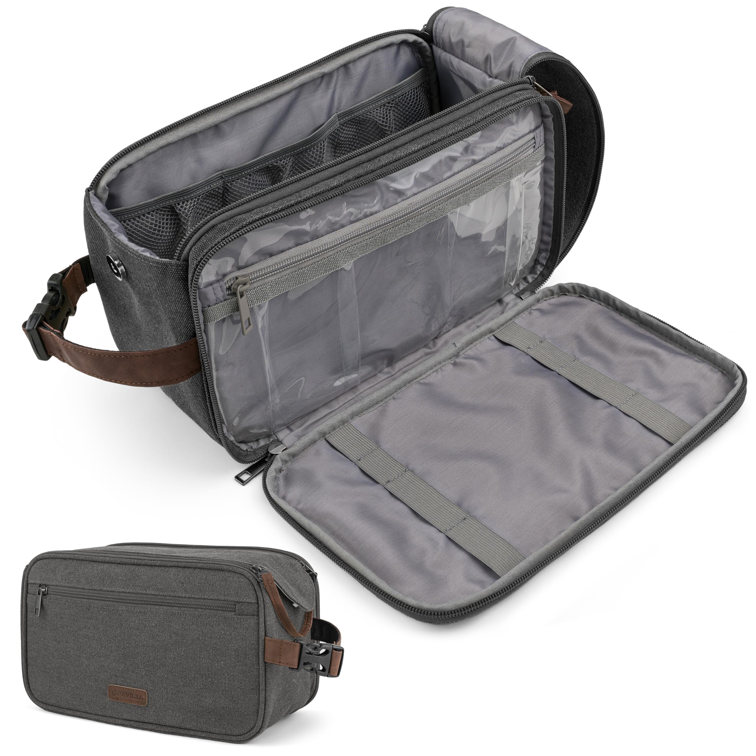 PAVILIA Extra Large Water Resistant Canvas Toiletry Bag for Men & Women - Travel Dopp Kit, Hygiene Organizer & Shaving Kit Accessories (Grey) - Perfect for Camping, Gym, Business Trips & Vacation Packing