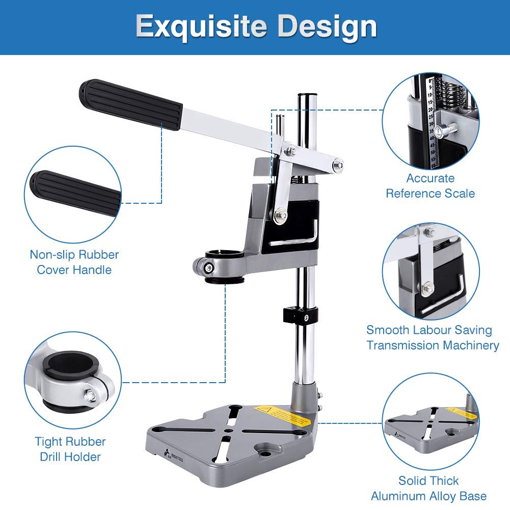 Universal Drill Press Stand for Hand Drills - Adjustable Bench Drill Press Holder with Heavy Duty Aluminum Base & Single Hole Design - Perfect for DIY Projects, Woodworking, Metalworking, and Workshop Repairs