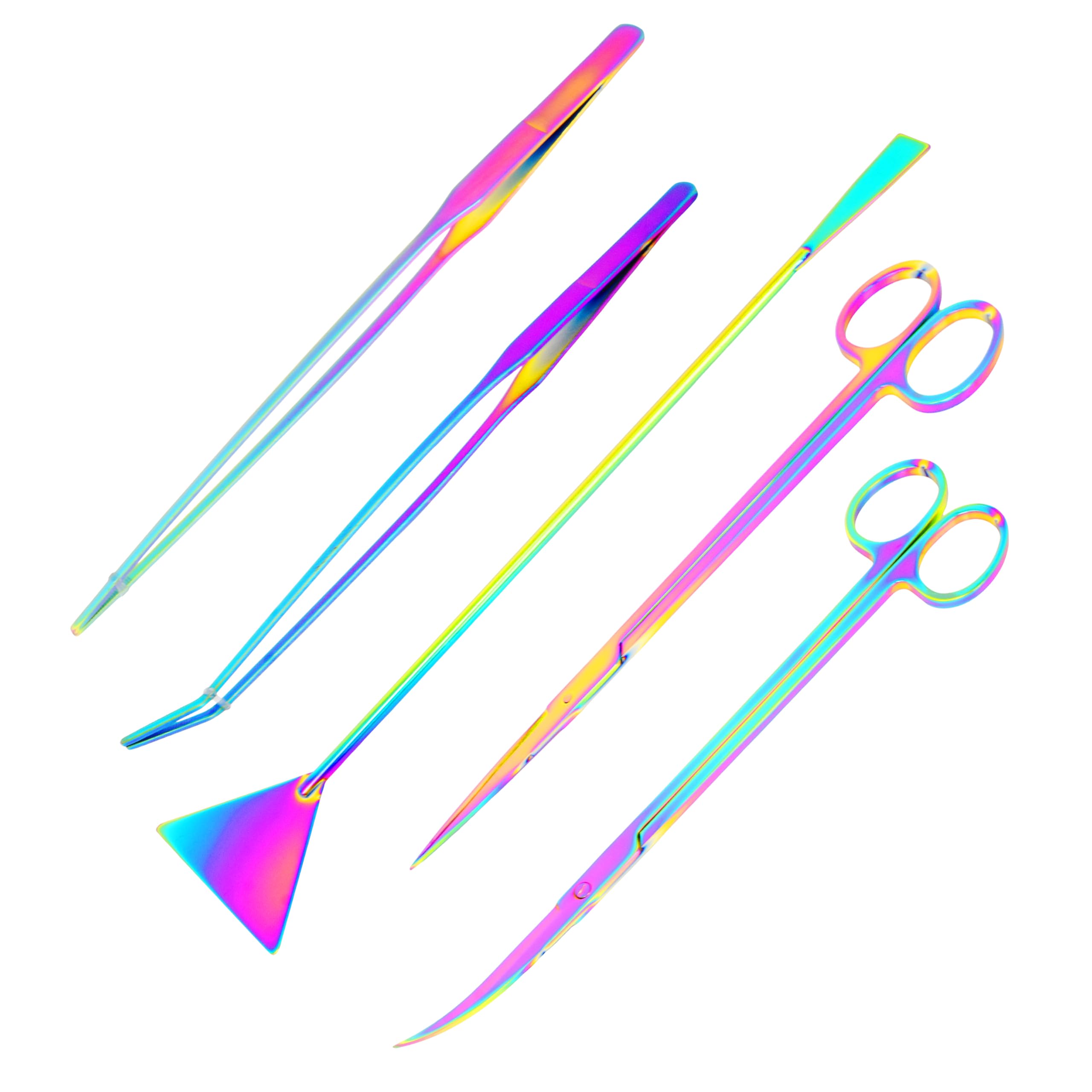Rainbow Stainless Steel Aquascape Tools Kit - Aquarium Tweezers & Scissors for Plants & Fish Tank - Terrarium & Aquascaping Use