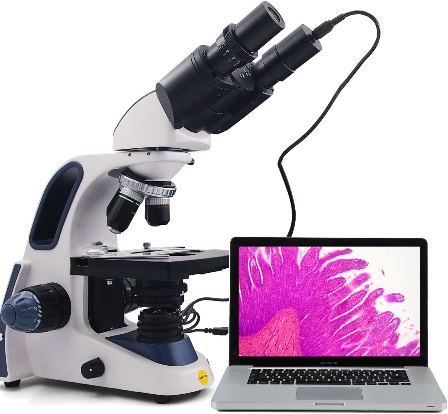 Swift SW380B Binocular Compound Microscope with 1.3MP Camera - 40X-2500X Magnification, Mechanical Stage, Includes 5 Prepared & 5 Blank Slides | Ideal for Students, Lab Research & Home Science Experiments