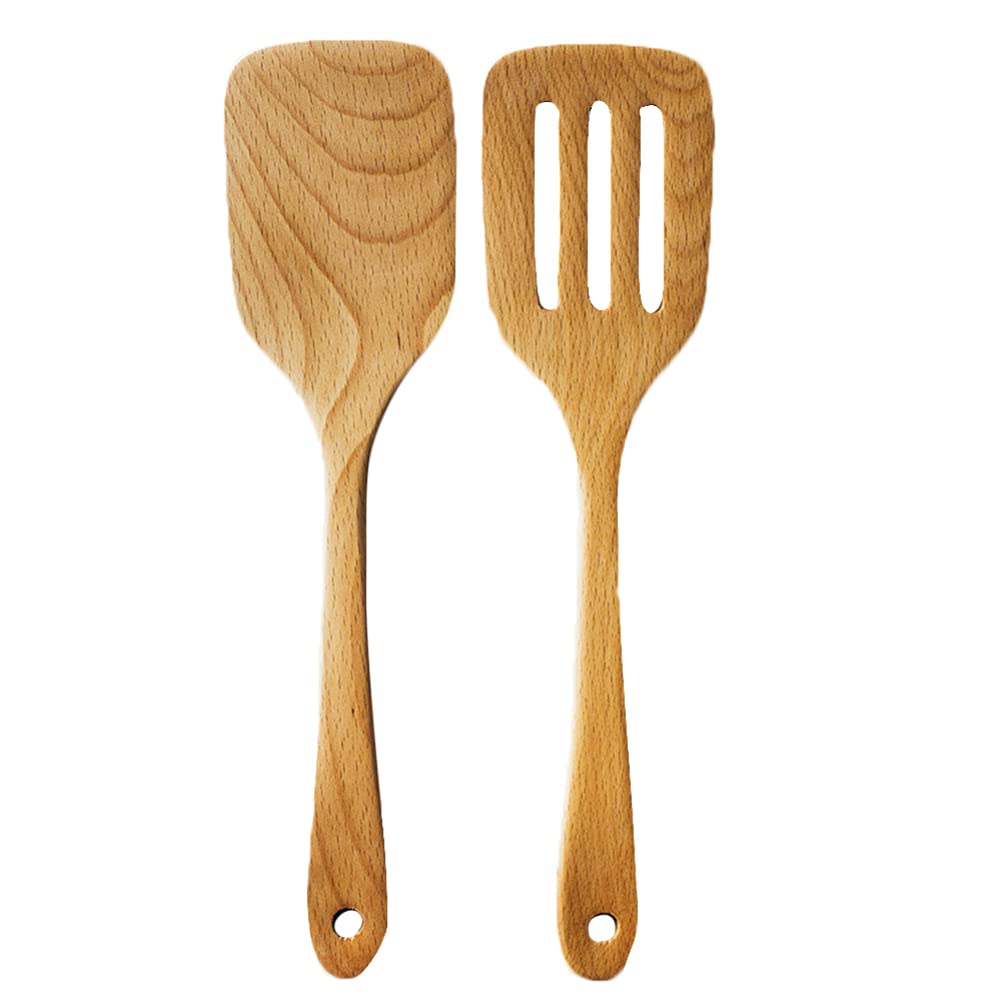 2-Pack Hemoton Wooden Cooking Utensils - Natural Bamboo Spatula Set for Non-Stick Pans & Woks - Wooden Mixing Spoon & Long Handle Kitchen Tools - Perfect for Baking, Frying & Stir-Frying