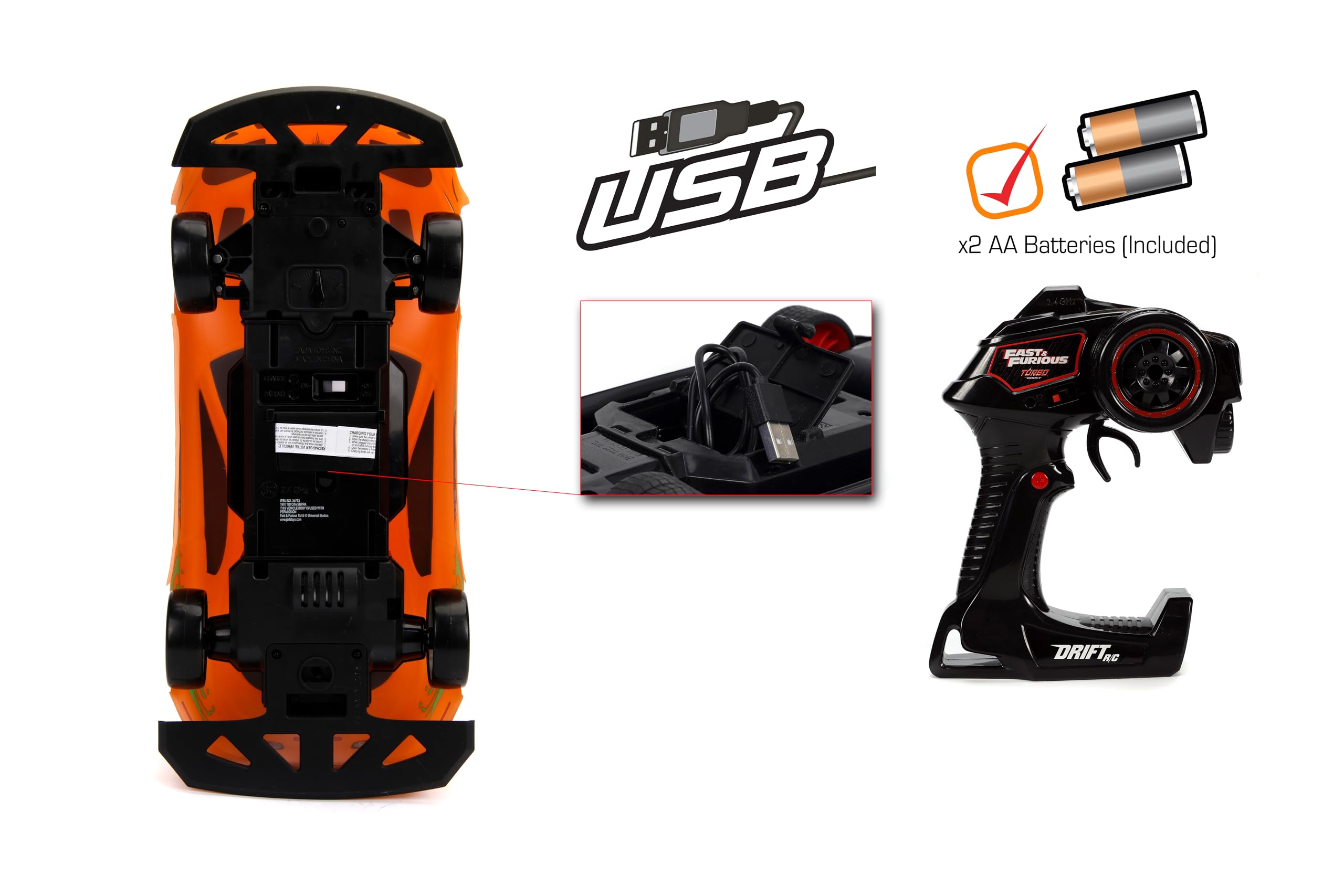 Jada Toys Fast & Furious 1:10 Toyota Supra RC Drift Car - 2.4GHz Remote Control with Extra Tires, High-Speed Drifting & Sliding Action - Collectible Toy for Kids & Adults (Orange & Black) - Perfect for Racing, Stunt Shows & Movie Reenactments
