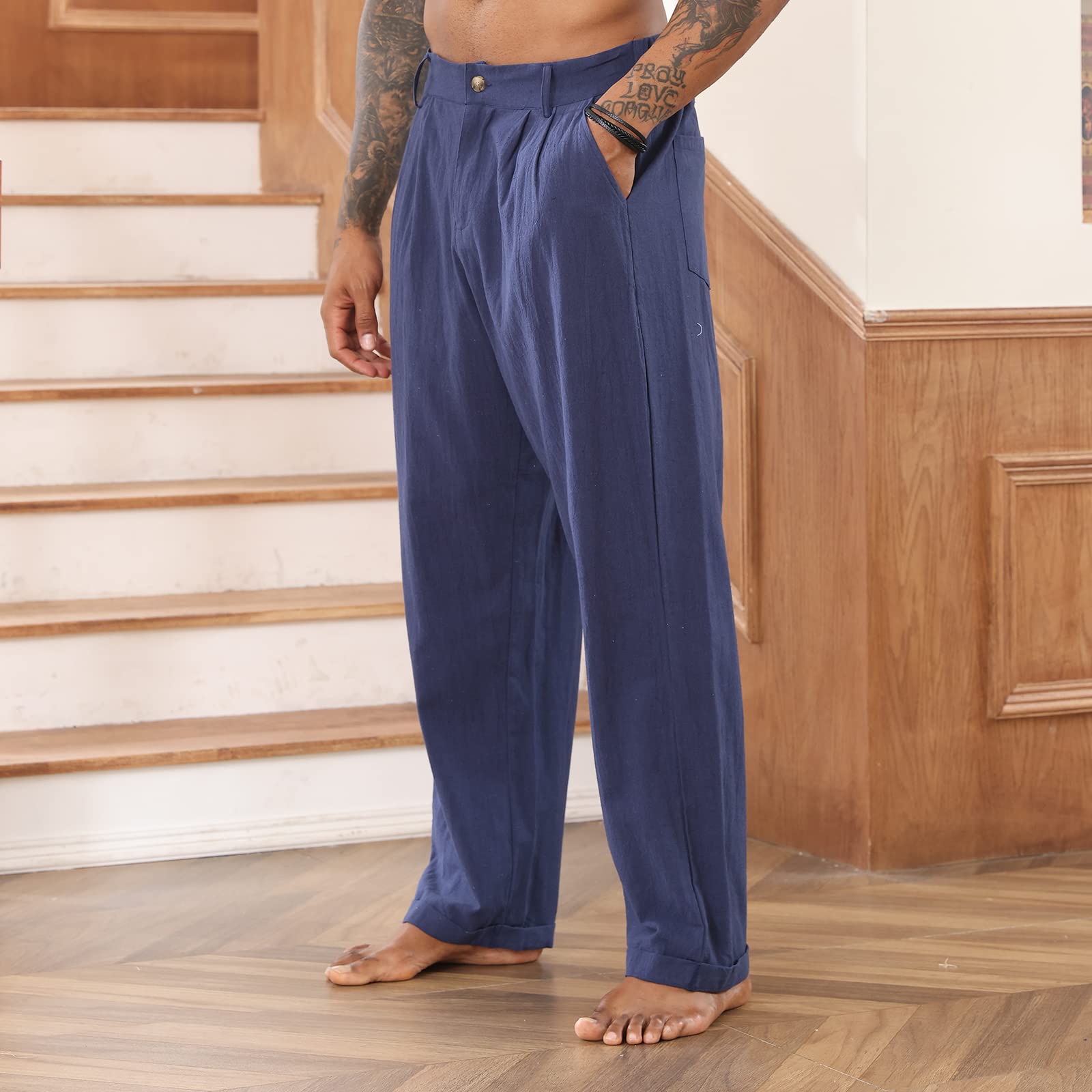 Men's Cotton Linen Pants - Elastic Drawstring Waist Casual Lounge Pants - Breathable Loose Fit Yoga & Beach Wear for Summer, Travel, and Relaxation