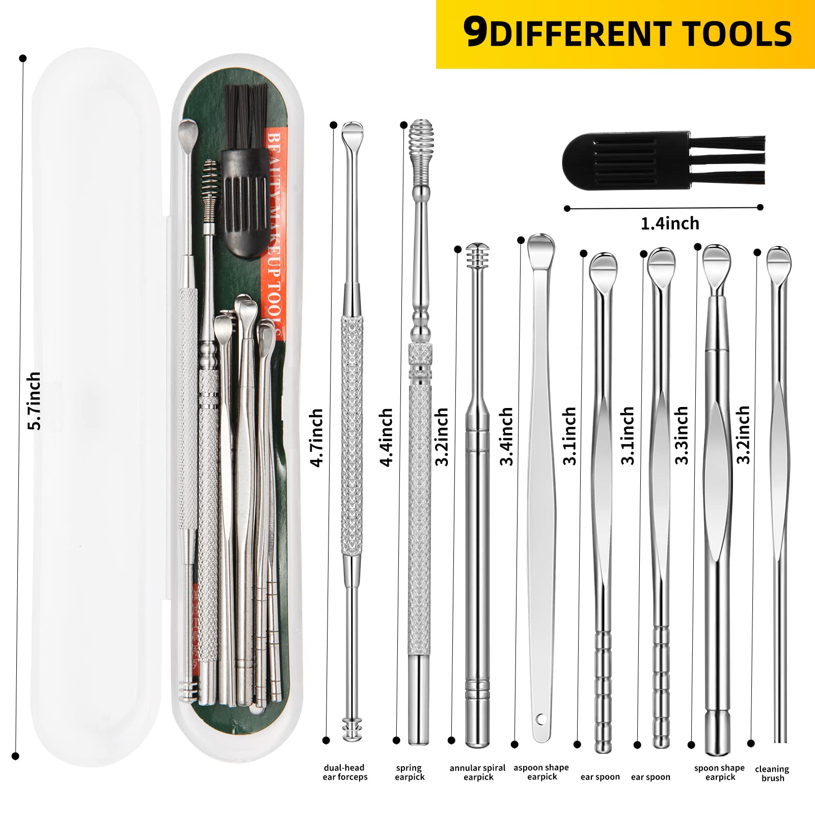 9-Piece Ear Wax Removal Kit - Medical Grade Ear Cleaning Tools with Curette, Brush & Storage Box - Safe for Kids & Adults - Silver | Perfect for Home, Travel & Personal Hygiene Care