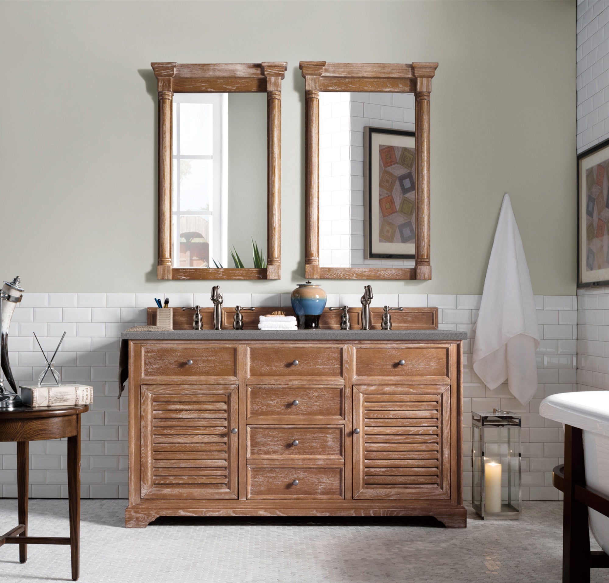 Savannah 60-Inch Double Vanity Cabinet in Driftwood Finish with 3CM Gray Expo Quartz Countertop - Perfect for Master Bathroom Renovation and Modern Home Decor