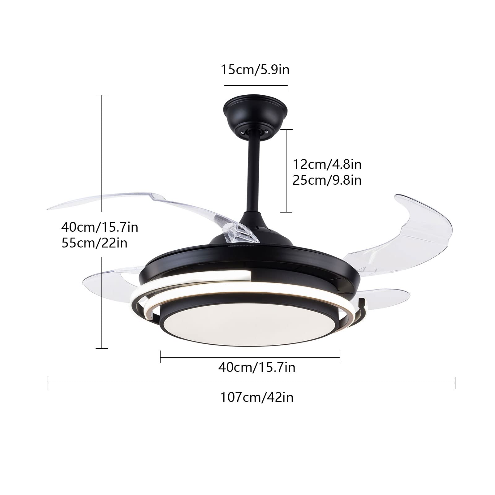 42 Inch Smart Retractable Ceiling Fan with LED Light & Remote - Modern Dimmable Invisible Ceiling Fan, Ultra Quiet for Bedroom, Living Room & Office - Black Energy Efficient Design