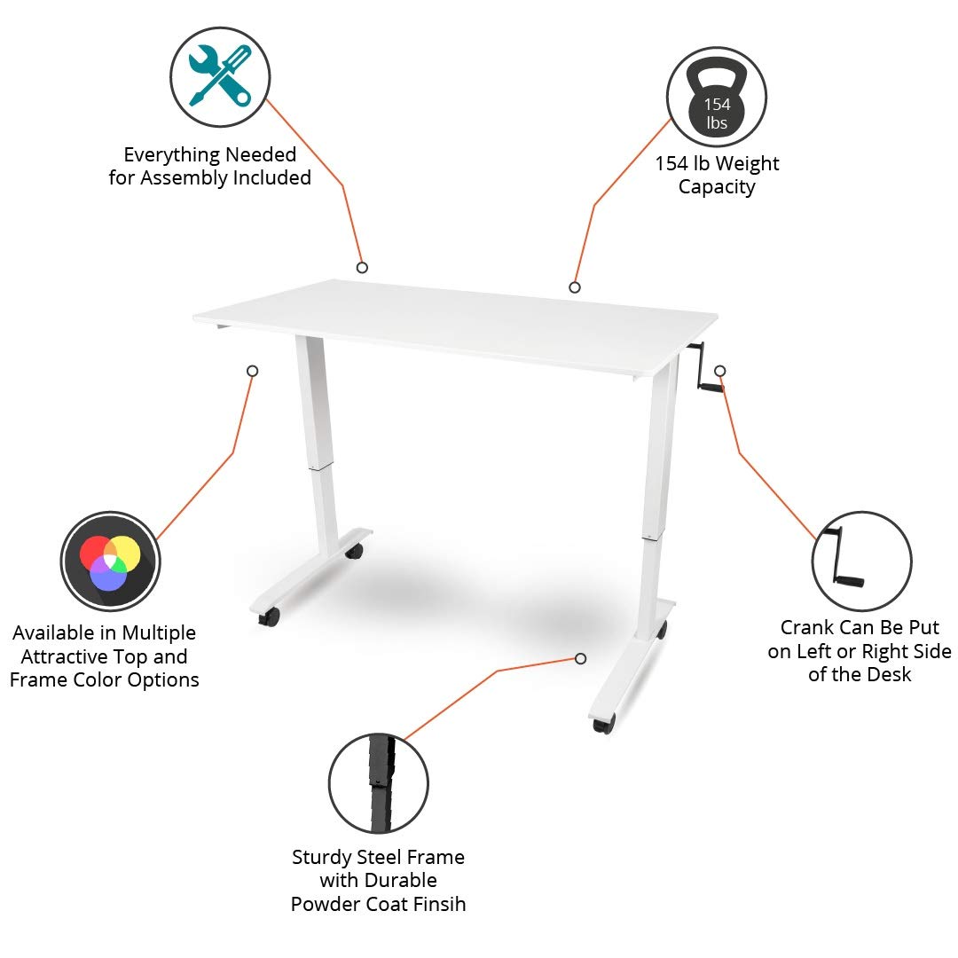 Adjustable Height Rolling Standing Desk with Crank - White Frame & Gloss White Top (60
