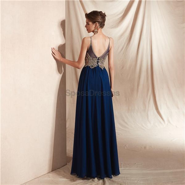 Elegant Navy Blue Gold Lace Beaded Chiffon Evening Gown - Formal Prom Dress for Women - Perfect for Homecoming, Ball, Wedding & Special Occasions