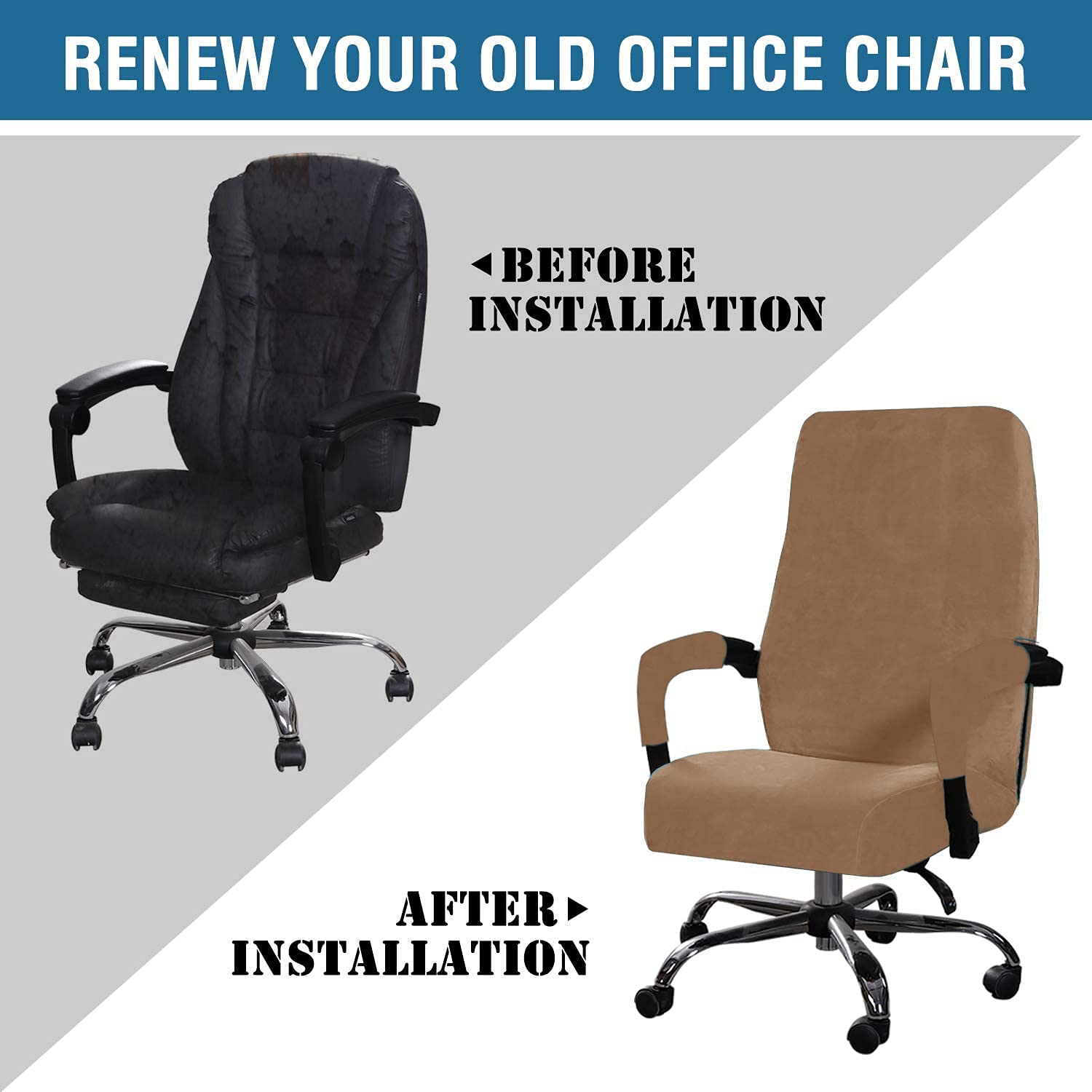 Stretchable Velvet Office Chair Cover - Removable & Washable Universal Elastic Slipcover for Computer, High Back & Rotating Chairs - Modern Minimalist Design (Light Brown, Large) | Perfect for Home Office, Gaming & Workspace Decor