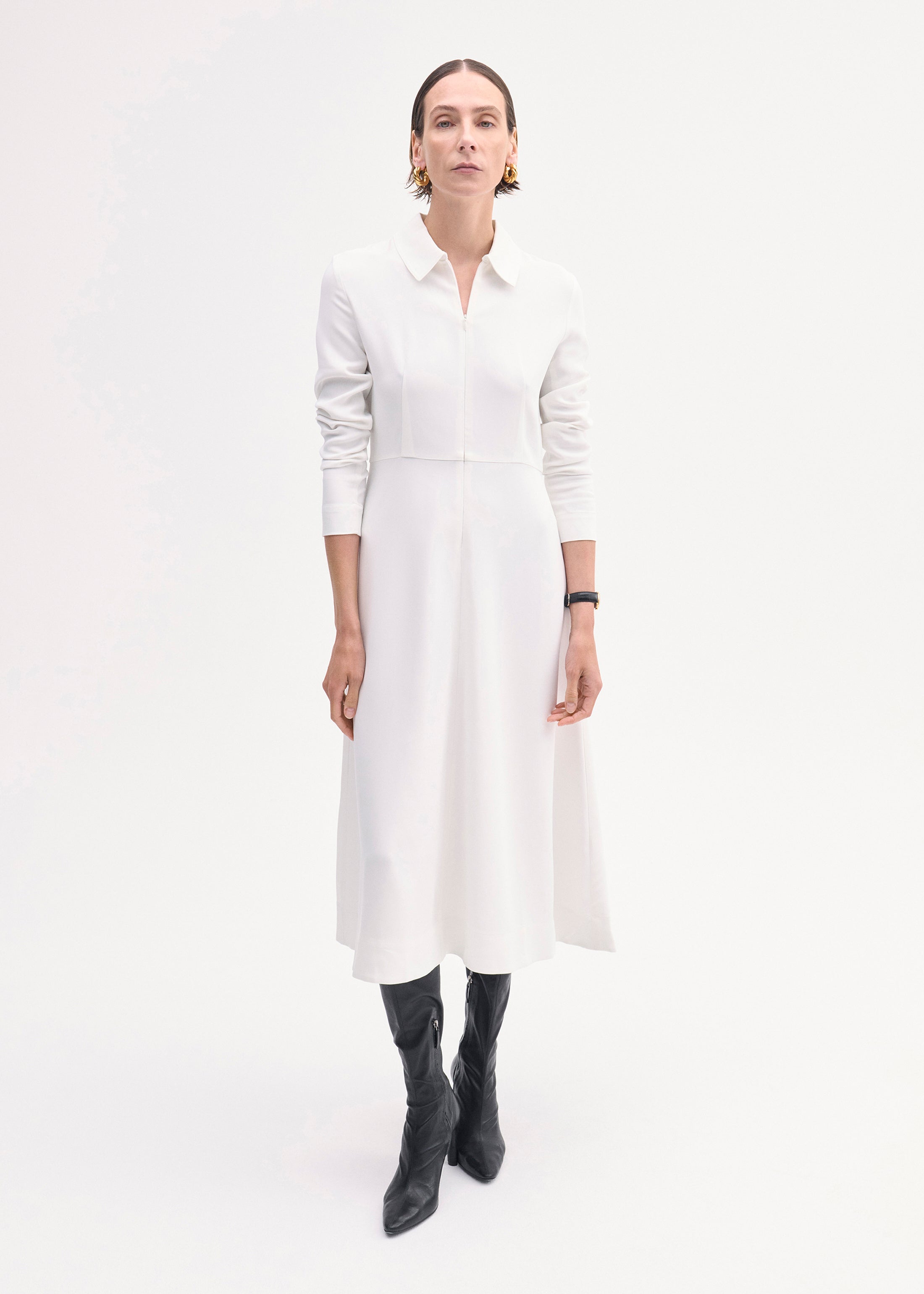 Elegant Long Sleeve Crepe Shirt Dress in Ivory - Perfect for Office Wear, Casual Outings & Special Occasions