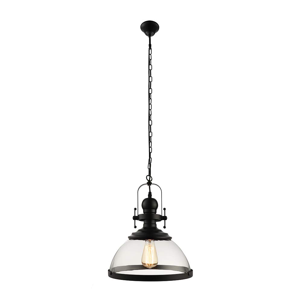 Modern Black Industrial Pendant Light with Glass Shade - Hanging Ceiling Lighting Fixture for Kitchen Island, Dining Room, Staircase & Home Decor | Dimmable LED Bulb Compatible