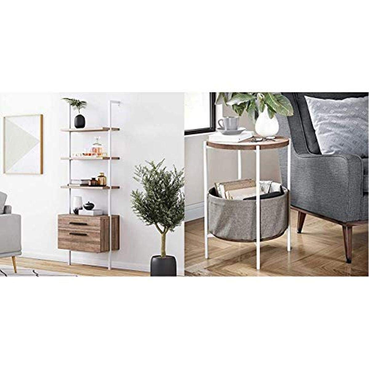 Nathan James Theo 3-Shelf Industrial Bookshelf with Wood Drawers & Matte Steel Frame - Oak/White Modern Side Table for Living Room, Bedroom, Nursery - Perfect for Home Office Storage & Displaying Decor