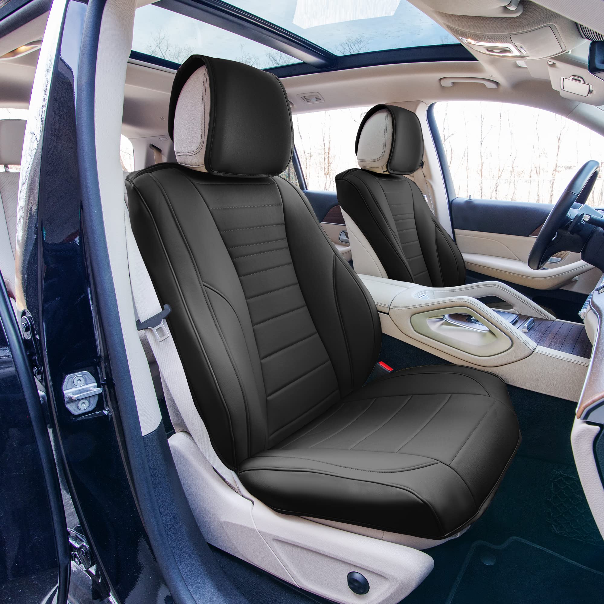 Premium TLH Grande70 Luxe Faux Leather Black Car Seat Covers (2-Pack) - Waterproof Universal Fit for Cars, Trucks & SUVs | Stylish Sleek Pattern | Perfect for Daily Commute, Road Trips & Family Protection