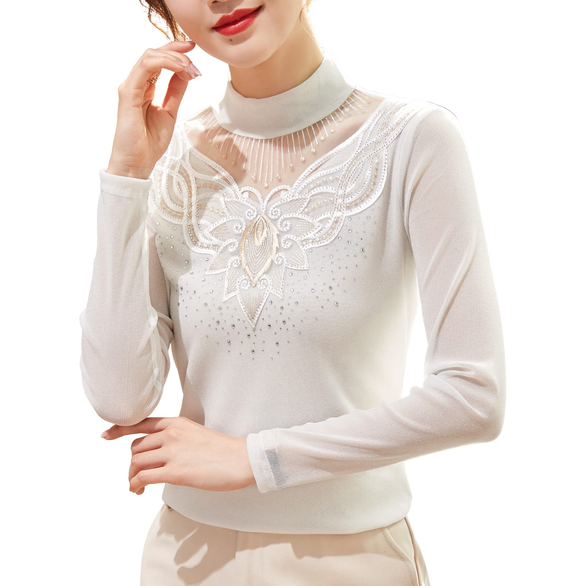 Elegant Women's Mesh Tops Long Sleeve Hollow Out Rhinestone Floral Embroidery Blouse - Sexy Half Tall Neck Fashion Work Shirt for Office, Party & Date Night