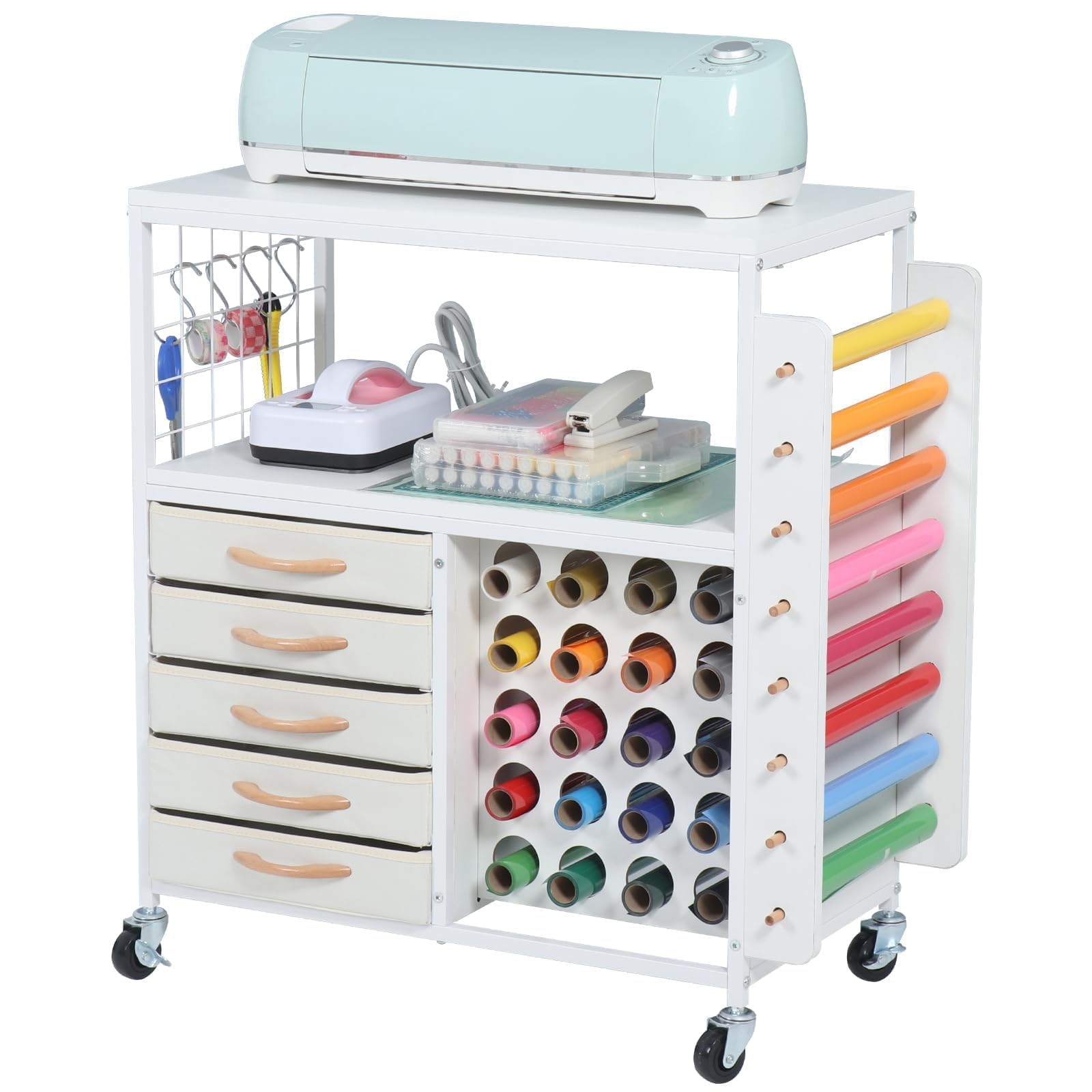 LUCKUP Craft Storage Rolling Cart for Cricut Machines - 28 Vinyl Roll Holders, 5 Drawers & Heat Press Stand - Mobile Craft Organization Cabinet with Hooks - Perfect for DIY Projects, Scrapbooking & Home Craft Room Organization