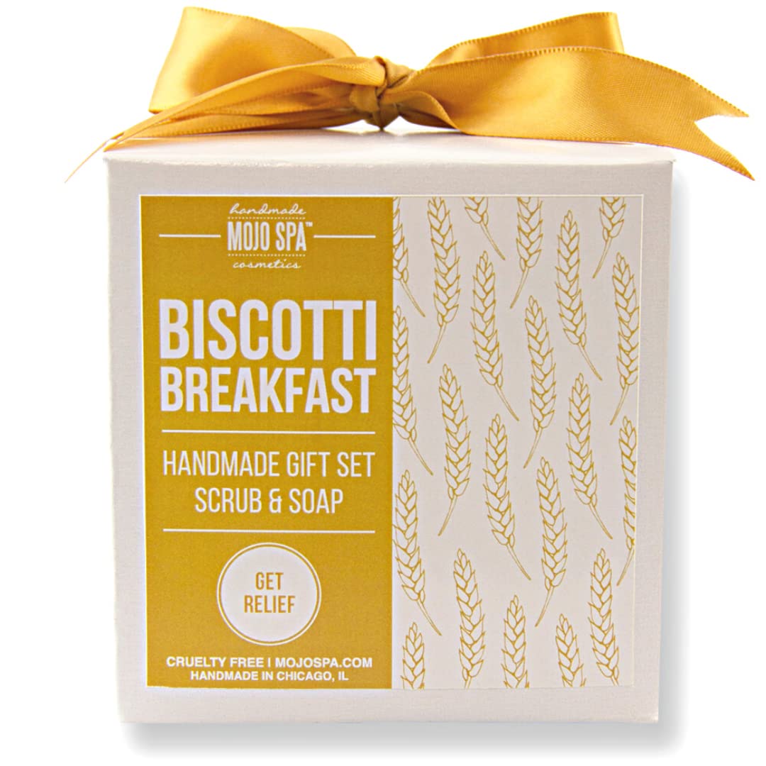 Mojo Spa Biscotti Breakfast Gift Set - 2 Natural Handmade Bath & Body Products for Women | Exfoliating Face & Body Scrub with Moisturizing Soap | Perfect for Self-Care, Spa Day & Birthday Gifts