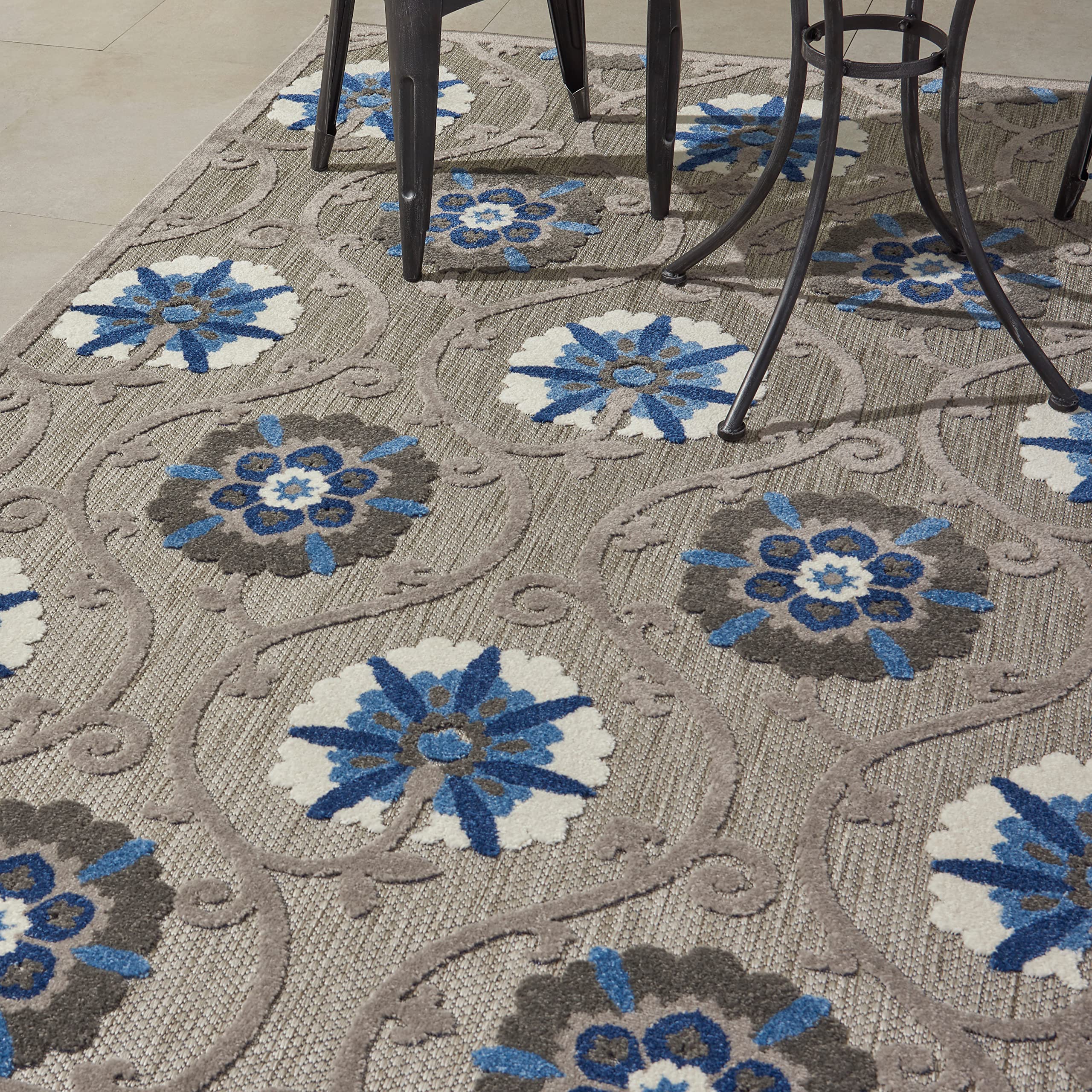 Nourison Aloha 6' x 9' Indoor/Outdoor Area Rug - Soft Grey & Blue Design, Easy to Clean, Non-Shedding - Perfect for Bedroom, Living Room, Dining Room & Kitchen (6x9) | Great for Patio, Deck & High-Traffic Areas