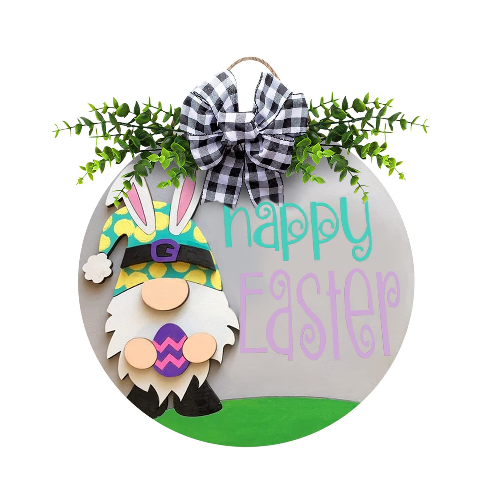 Happy Easter Door Sign with Bow - Easter Bunny Gnomes Wooden Hanging Decor for Spring, Farmhouse Porch & Coffee Shop (11.8 Inch, Rustic Wall Art) - Perfect for Front Door, Home Decor & Seasonal Celebrations