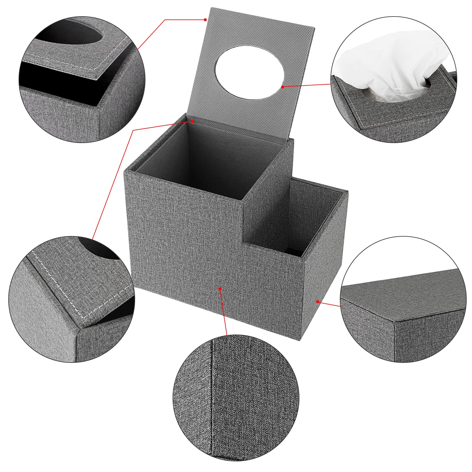 Sumnacon Square Linen Tissue Box Cover - Stylish Cube Tissue Box Holder with Side Organizer | Decorative Grey Tissue Box for Living Room, Vanity, Nightstand, Office | Perfect for Home Decor & Organization