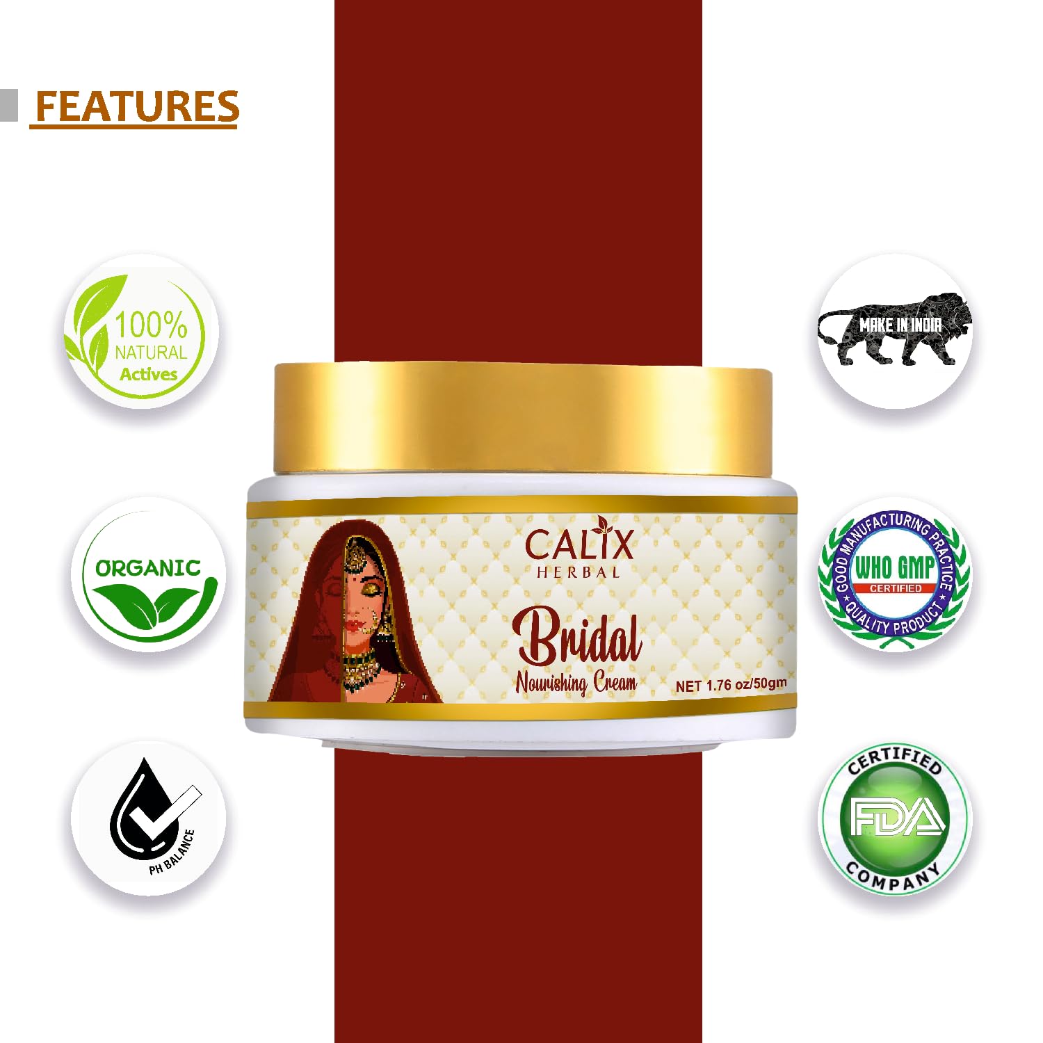 Calix Herbal Organic & Ayurvedic Bridal Nourishing Cream – Natural Glow, Brightening & Anti-Aging Face Cream for All Skin Types – 50gm | Made with Natural Ingredients | Perfect for Bridal Skincare & Daily Radiance Routine