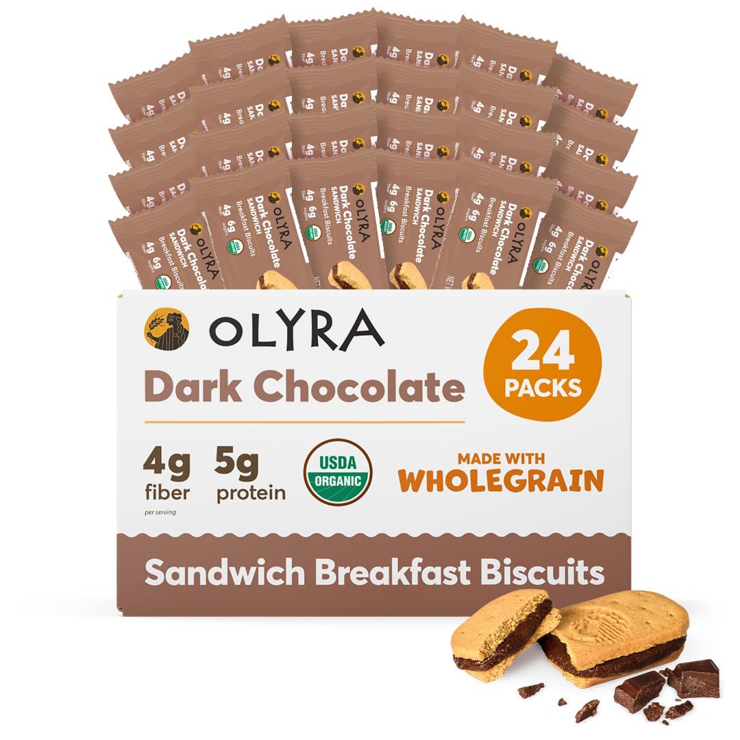 Olyra Dark Chocolate Sandwich Breakfast Biscuits - Healthy Low Sugar Organic Vegan Cookies for Adults & Kids - USDA Certified Non-GMO Snacks (24 Pack) - Perfect for Office, School & On-the-Go Snacking