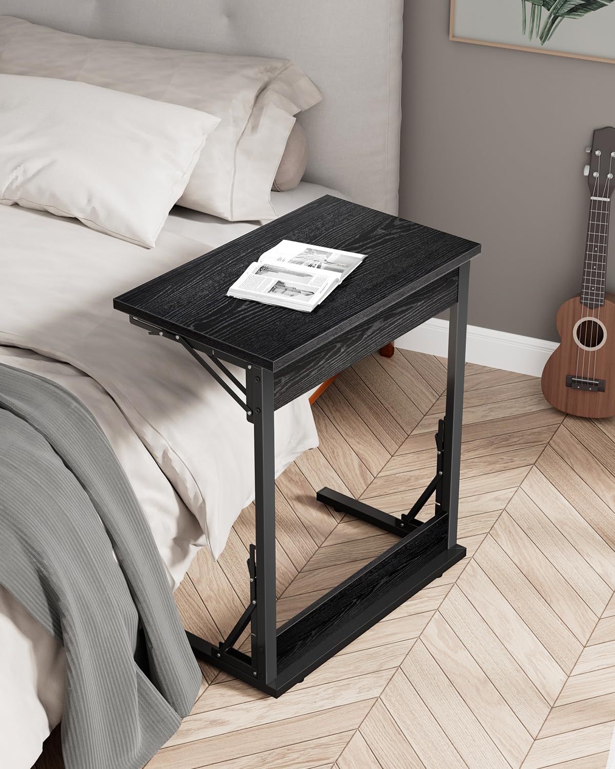 Tatub Folding TV Tray Table Set of 2 - 24 Inch Wide C-Shaped End Tables for Couches, Small Sofa-Side Laptop Desk with Sturdy Metal Frame - Perfect for Living Room, Bedroom, Office & Dorm Use - Dark Black