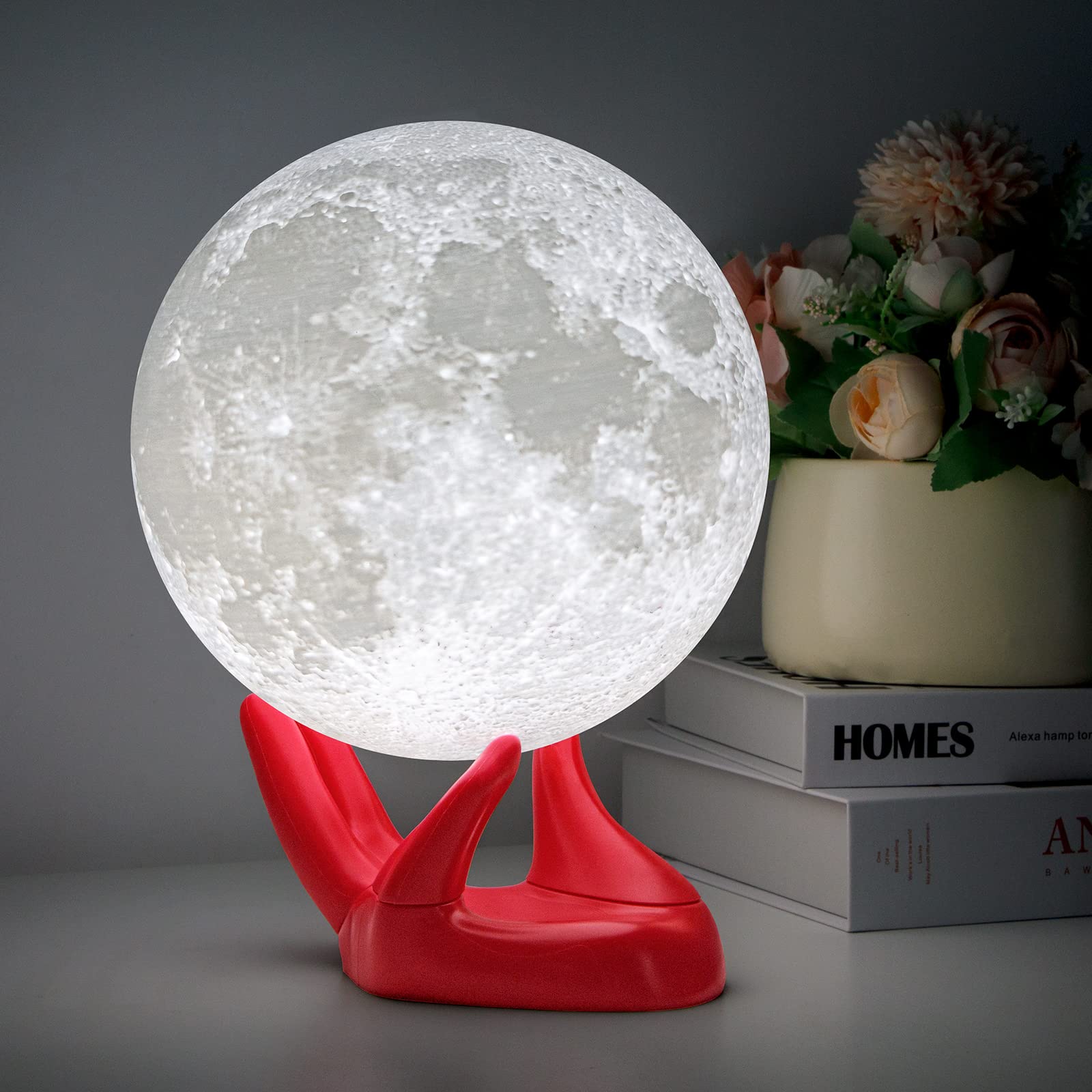 BRIGHTWORLD 5.9 Inch 3D Moon Lamp - USB Rechargeable Night Light with Touch Control, Adjustable Brightness & Warm/Cool White Colors - Perfect Gift for Kids, Girls, Boys & Women (Red Hand Stand) - Ideal for Bedroom Decor, Nursery Lighting, Romantic Gifts & Relaxation Ambiance