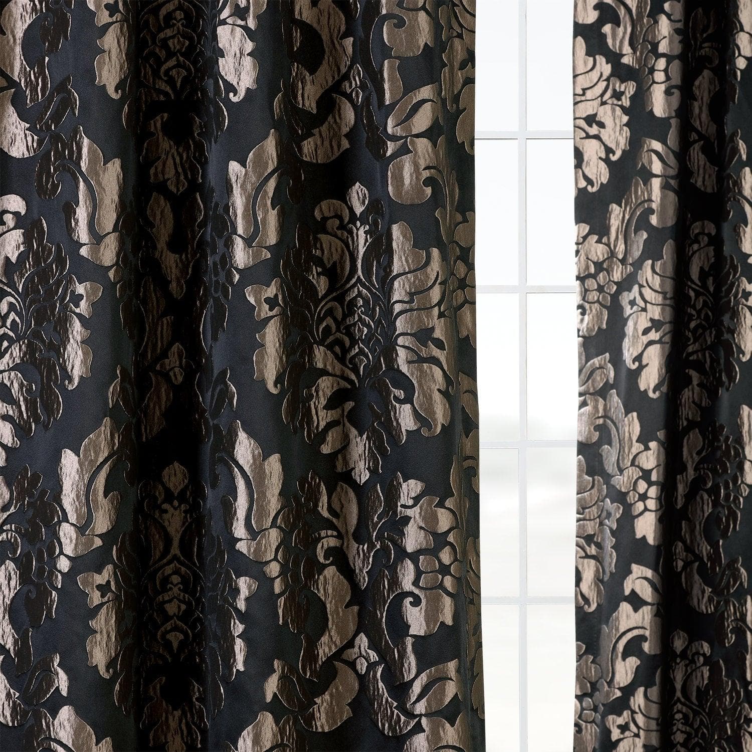 Astoria Black & Pewter Damask Faux Silk Jacquard Blackout Curtains - Elegant Window Treatment for Bedroom & Living Room