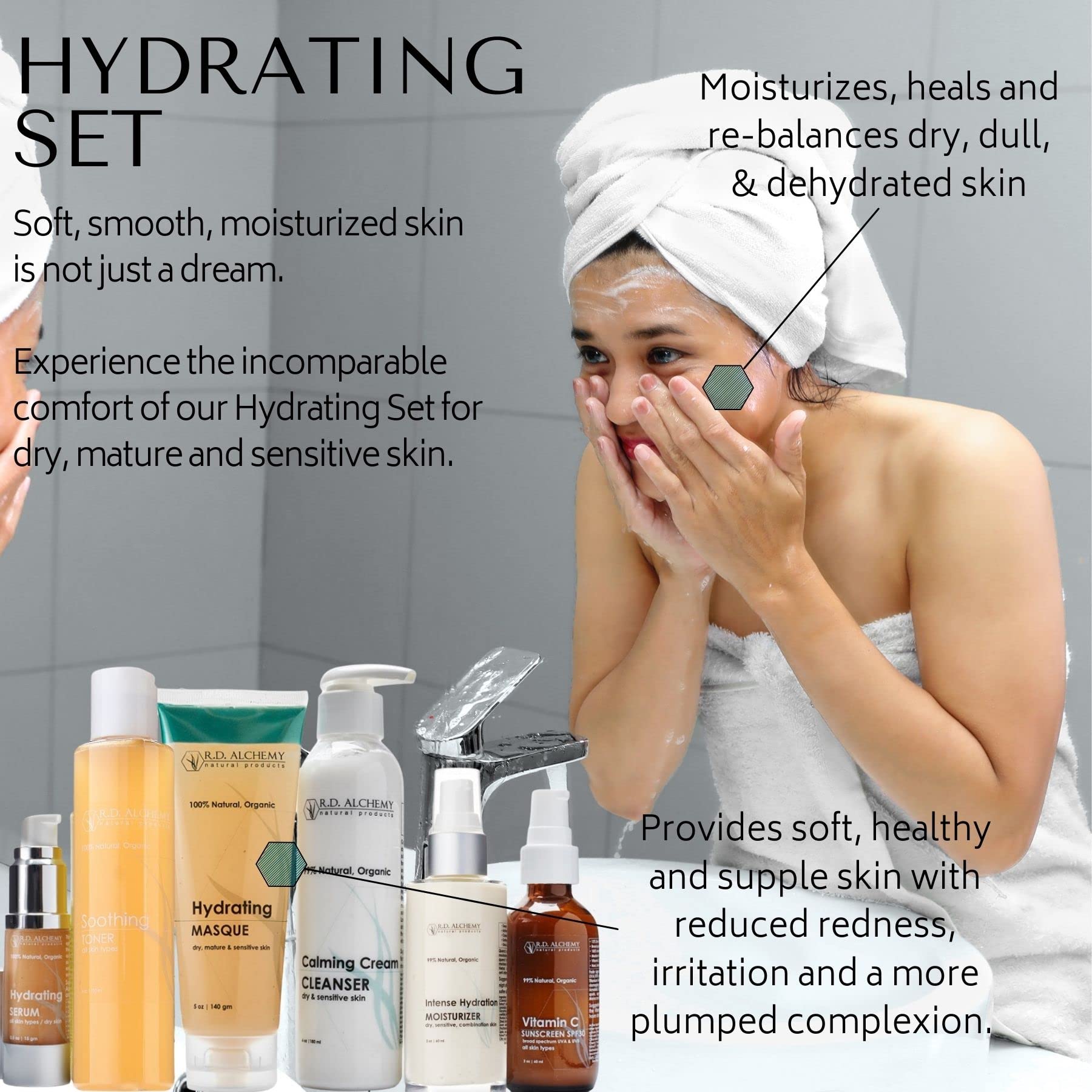 RD Alchemy Hydrating Facial Skincare Set for Dry Skin - Moisturizing Cream, Serum & Toner for Severe Dryness - Daily Hydration Routine for Sensitive Skin - Perfect for Winter Care & Post-Treatment Recovery