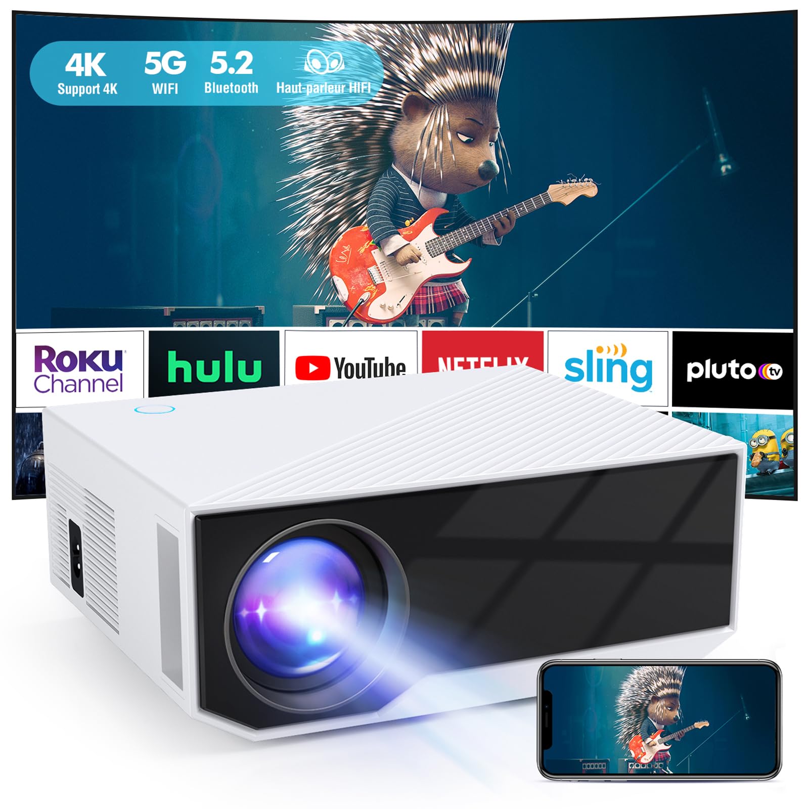 ZDK Mini WiFi Bluetooth Video Projector, Portable 1080P HD Projector with 20000 Lumens, Home Theater Movie Projector Compatible with iOS/Android/PC/PS5/TV Stick/HDMI/USB (White) - Perfect for Movie Nights, Gaming, and Outdoor Entertainment