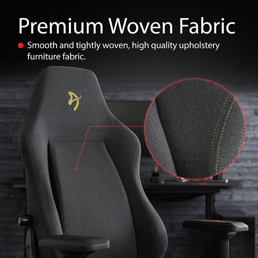 Arozzi Primo Premium Woven Fabric Gaming Chair - Ergonomic High Back Office Chair with 4D Adjustable Armrests, Recliner, Swivel & Tilt Function, Built-in Lumbar Support & Neck Pillow - Dark Grey with Gold Accent - Perfect for Gaming, Working & Home Office Setup