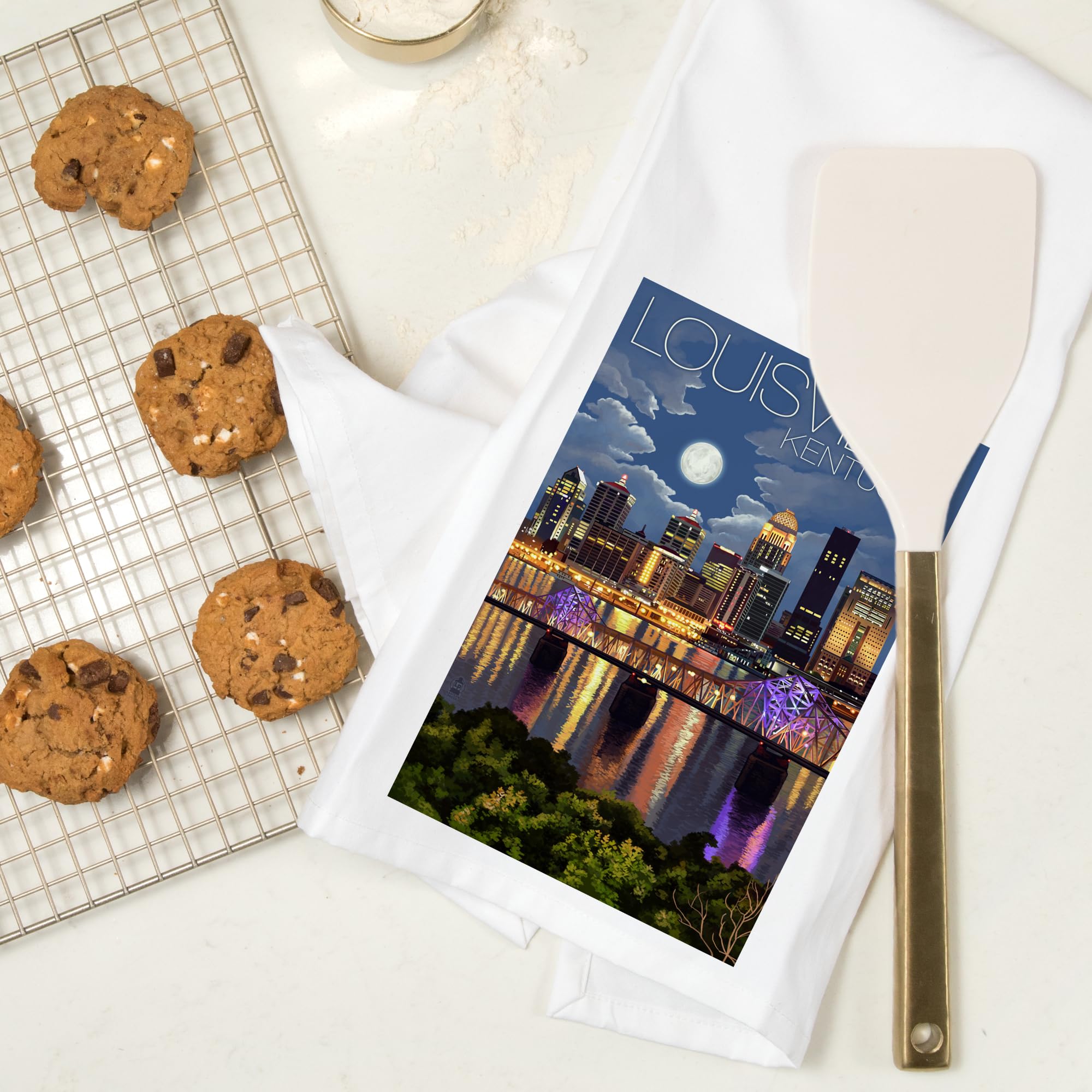 Lantern Press Louisville Kentucky Skyline at Night - 100% Cotton Tea Towel, Decorative Hand Towel for Kitchen & Home Decor - Perfect for Gifts, Dish Drying & Wall Art Display