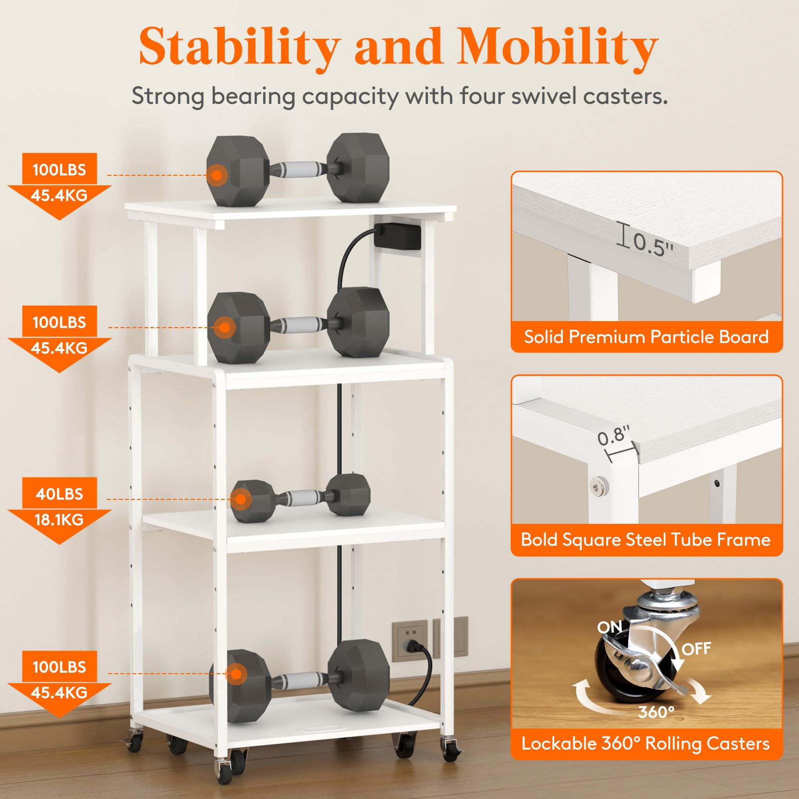 Lifewit 4 Tier Rolling Printer Stand with Wheels, 3 Power Outlets & Adjustable Shelves - Mobile Office Cart for Printer, Scanner, Shredder, Fax Machine - Perfect for Home Office Organization & Workspace Storage (White)
