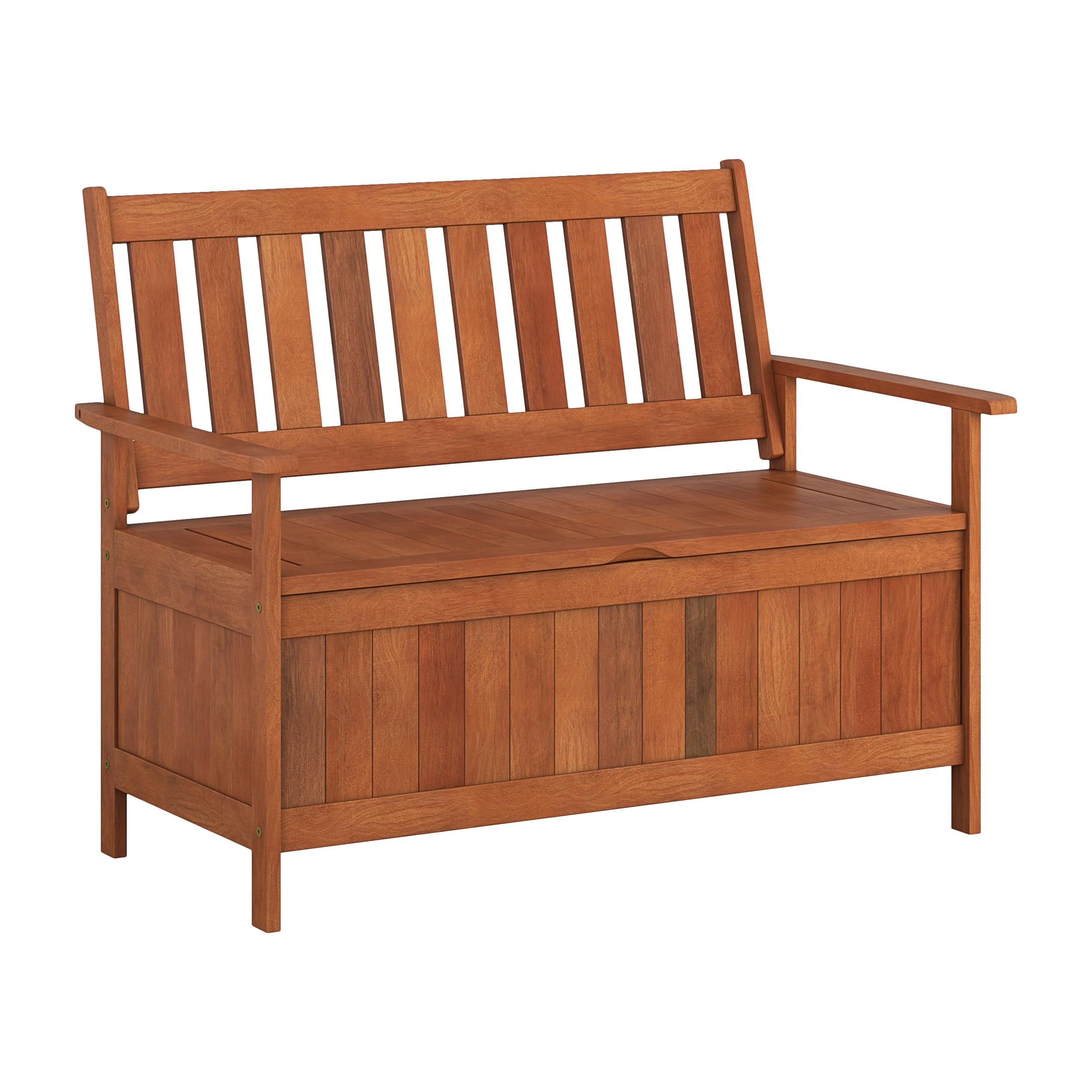 CorLiving Miramar Natural Brown Stained Hardwood Outdoor Storage Bench - Weatherproof Patio Furniture for Garden, Deck, Porch & Backyard Seating with Storage