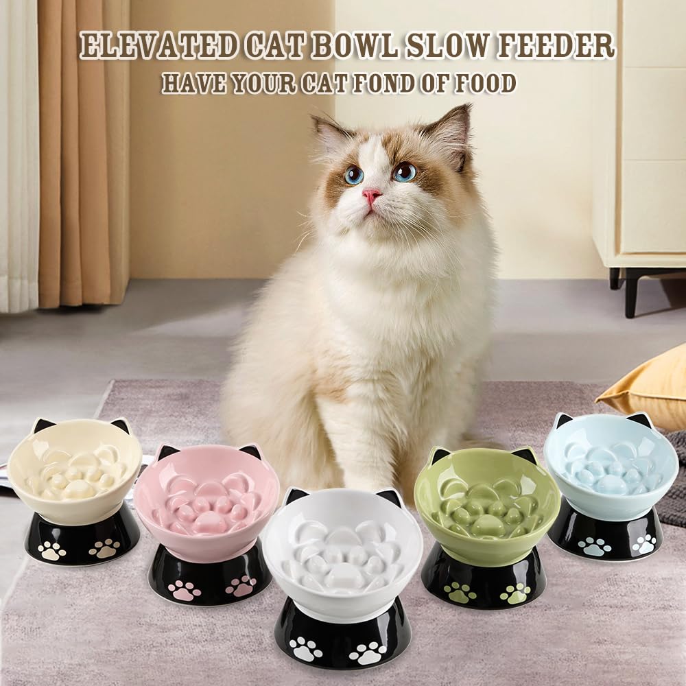 Happy Kit Slow Feeder Dog Bowl - 6 Inch Non-Slip Silicone Base Cat Food Dish with Elevated Design for Better Digestion - Anti-Vomiting Ceramic Pet Bowl for Dry & Wet Food (Green) - Perfect for Fast Eaters & Mealtime Enrichment