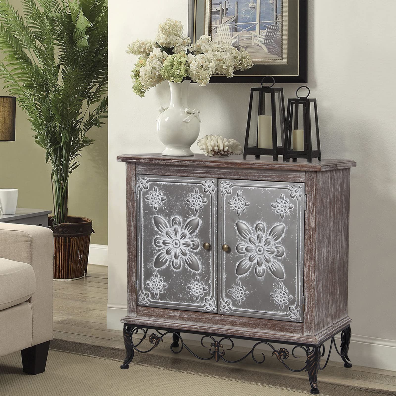 MAISON ARTS Rustic Farmhouse Accent Storage Cabinet - 2 Door Distressed Wood Cabinet with Galvanized Metal Embossed Doors - Entryway, Hallway, Living Room & Bedroom Storage Solution - Perfect for Farmhouse Decor & Home Organization