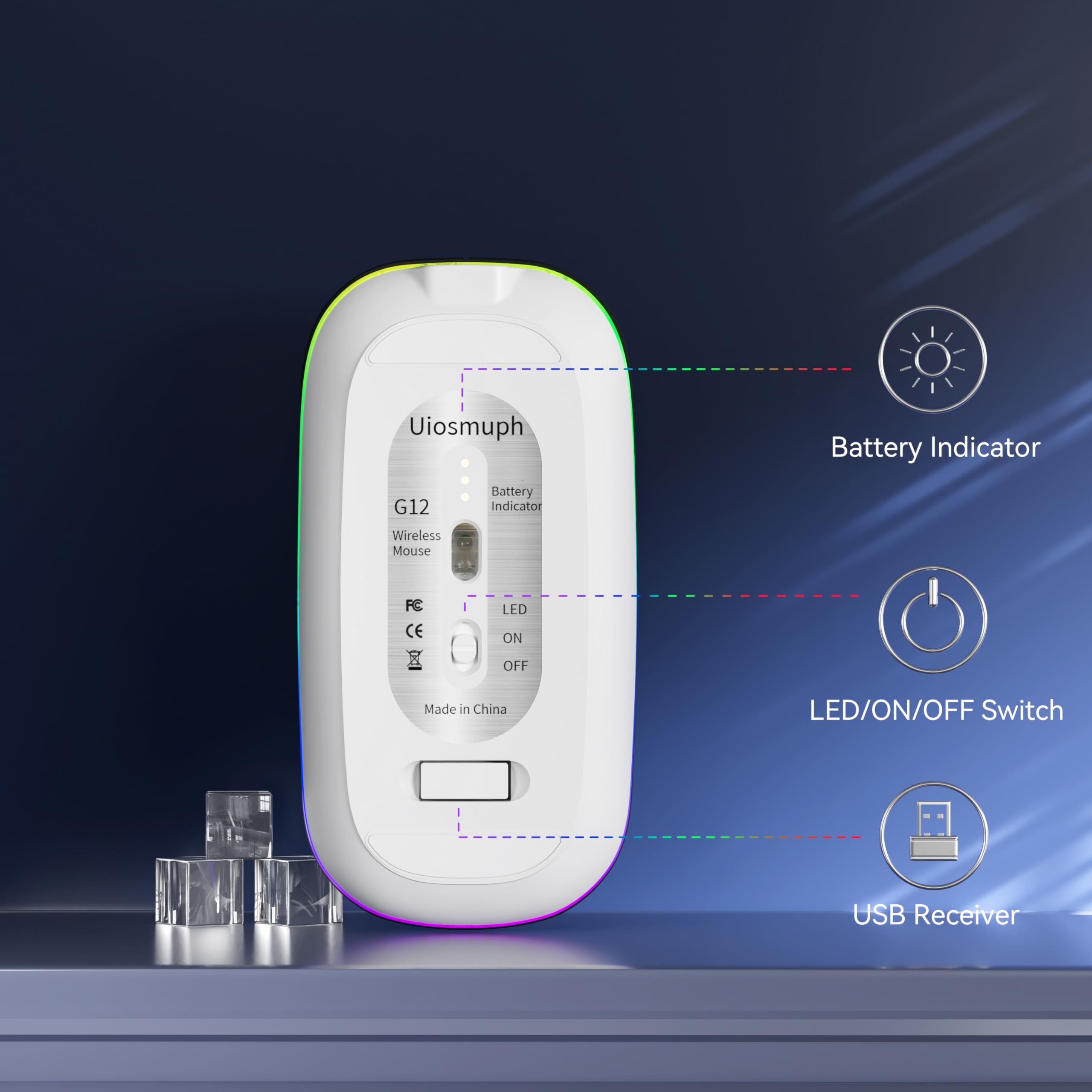 Uiosmuph G12 Slim Wireless LED Mouse - Rechargeable Silent Optical Mouse with 2.4G USB Receiver & Type-C Adapter - Perfect for Office, Home & Travel (White)