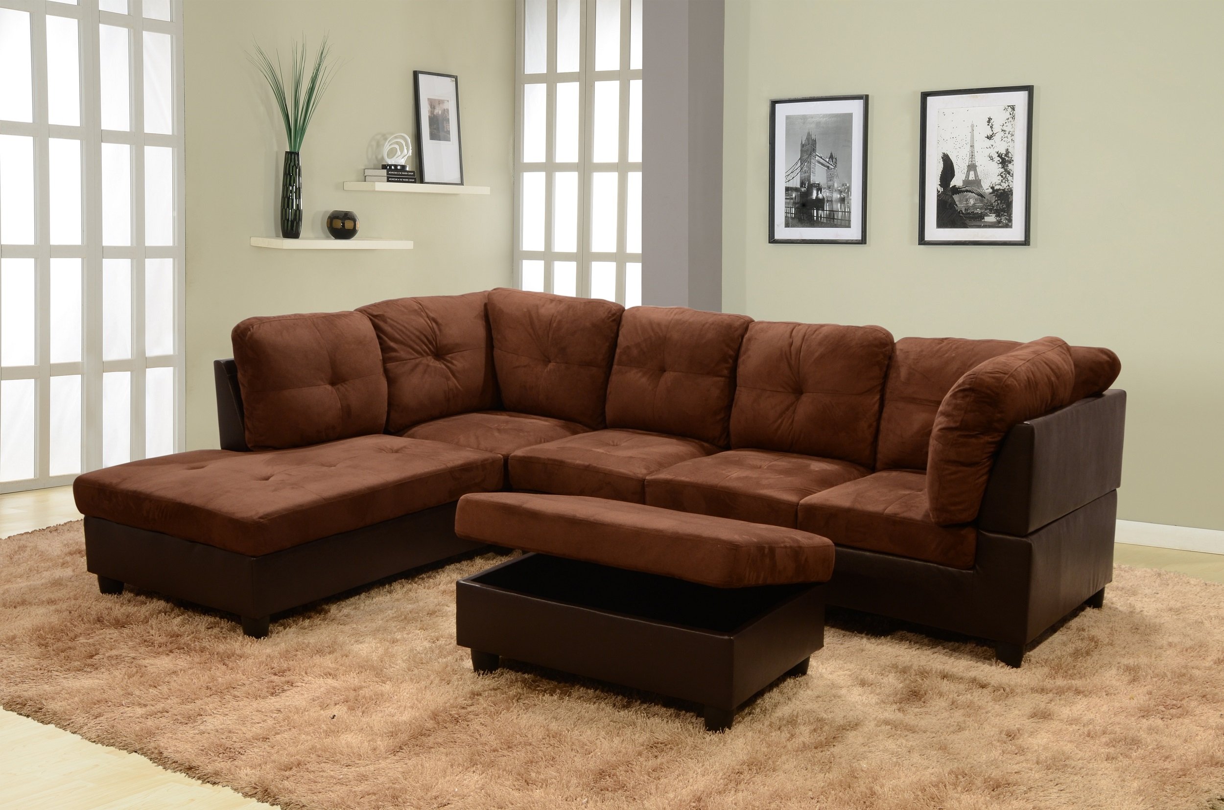 Beverly Fine Furniture Chocolate Brown Sectional Sofa Set - Modern L-Shaped Couch for Living Room, Family Room & Home Theater