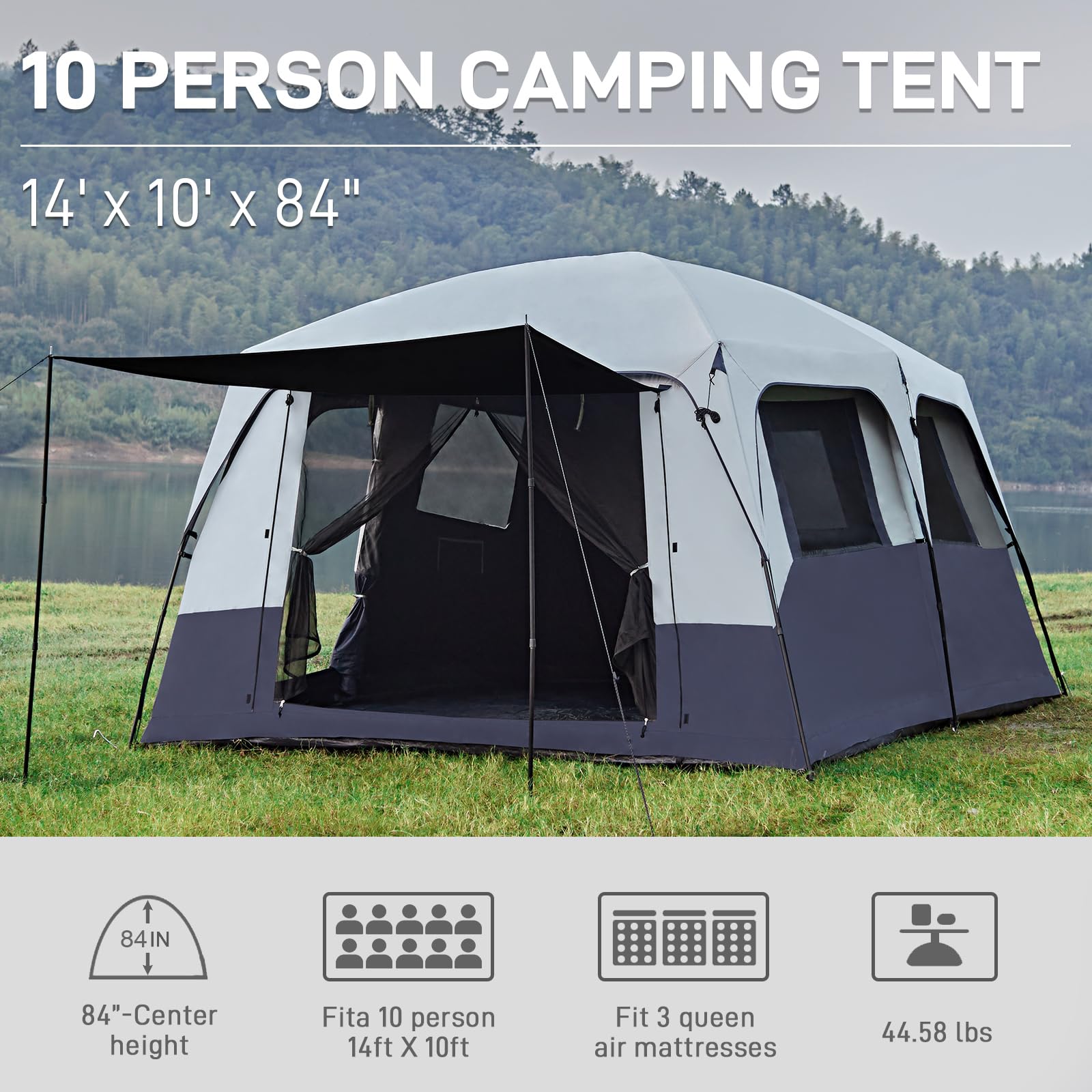 EVER ADVANCED 10-Person Blackout Camping Tent - Multi-Room Family Tent with Rainfly & Carry Bag - Water-Resistant 14ft x 10ft x 84in Large Tent - Perfect for Family Camping, Outdoor Adventures & Backyard Sleepovers