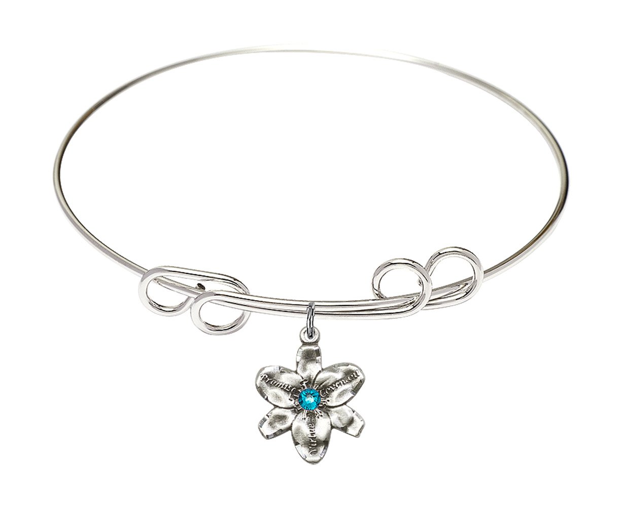 8 Inch Round Double Loop Bangle Bracelet with Chastity Medal Charm & December Blue Crystal - Elegant Jewelry for Women, Perfect for Christmas Gifts, Weddings, and Special Occasions