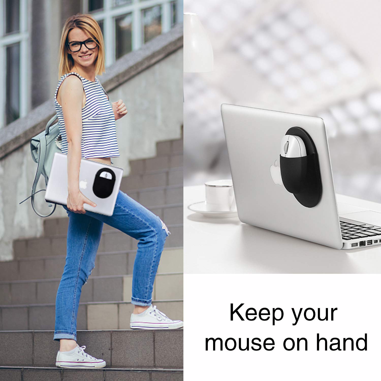Universal Stick-On Mouse Pouch - Wireless Mouse Holder & Laptop Sleeve with Reusable Adhesive (No Residue) - Compatible with iPad, MacBook, PC (Black) - Perfect for Office, Travel & Home Workspace Organization