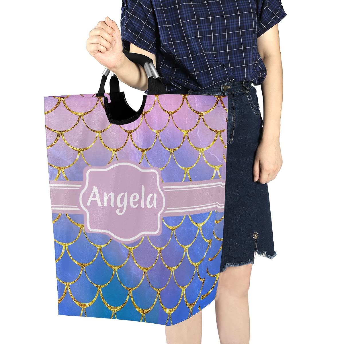DOMIKING Custom Laundry Hamper - Personalized Collapsible Storage Basket with Mermaid Scales Design, Kids Room Organizer for Clothes, Toys & Dorm Essentials | Perfect for Nursery, Bedroom & College Dorm Organization