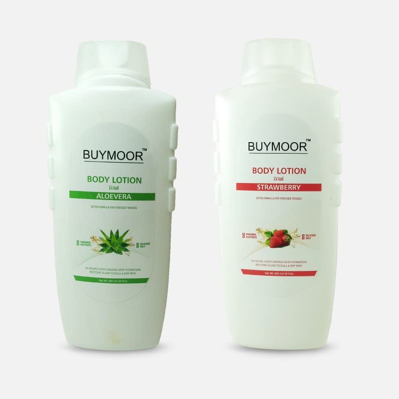BUYMOOR Aloe Vera & Strawberry Brightening Body Lotion - Deep Moisturizing for Dry Skin, 650ml for Men & Women - Perfect for Daily Hydration & Summer Skin Care
