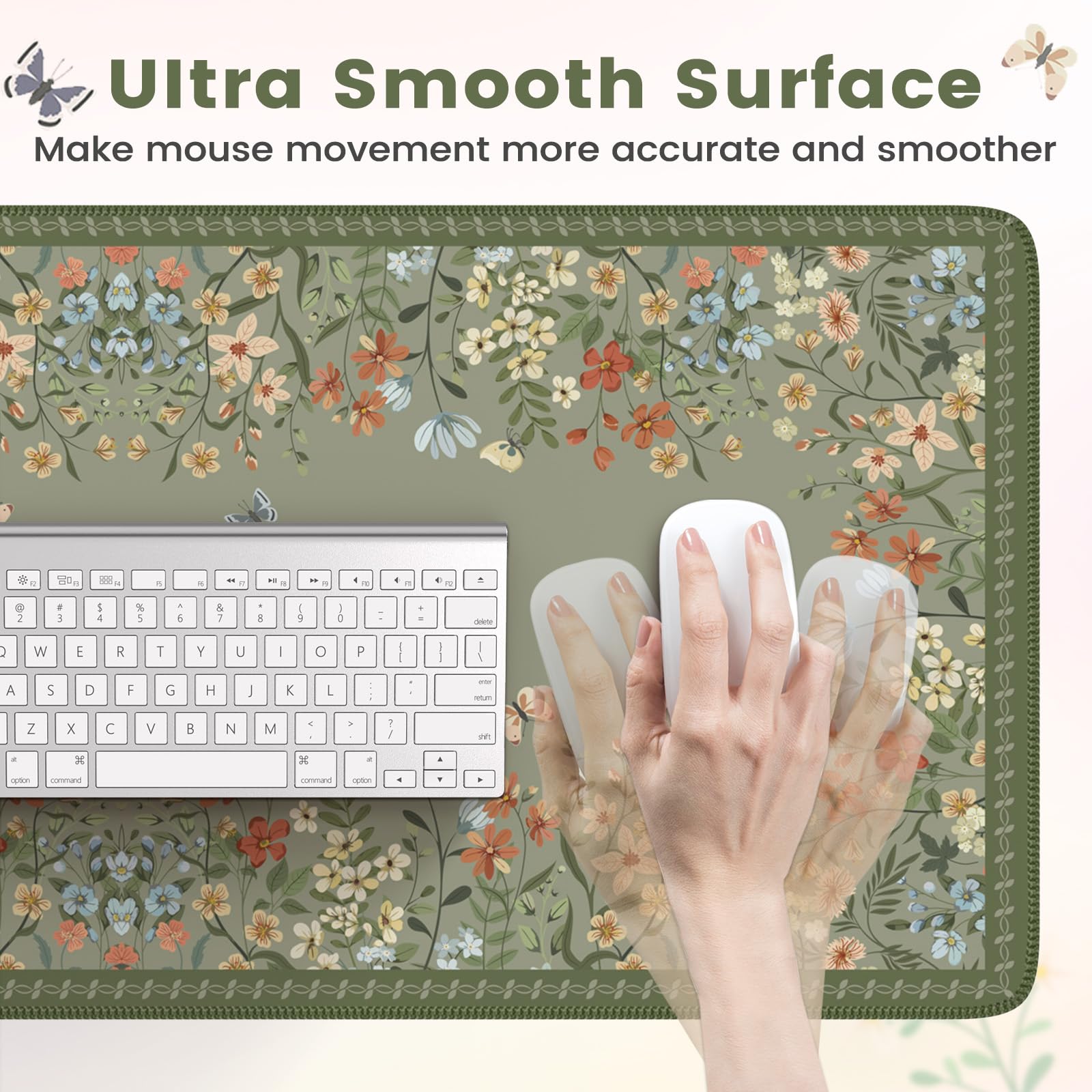 HAOCOO Floral Desk Mat - Extra Large Non-Slip Rubber Base Keyboard & Mouse Pad, Waterproof Office Desk Mat for Computer, Gaming & Work - Dark Green - Perfect for Women's Workspace & Home Office Setup
